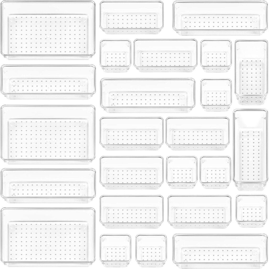 Vtopmart 25 PCS Clear Plastic Drawer Organizers Set, 4-Size Versatile Bathroom and Vanity Drawer Organizer Trays, Storage Bins for Makeup, Bedroom, Kitchen Gadgets Utensils and Office Vtopmart 25 PCS Clear Plastic Drawer Organizers Set, 4-Size Versatile Bathroom and Vanity Drawer Organizer Trays, Storage Bins for Makeup, Bedroom, Kitchen Gadgets Utensils and Office
