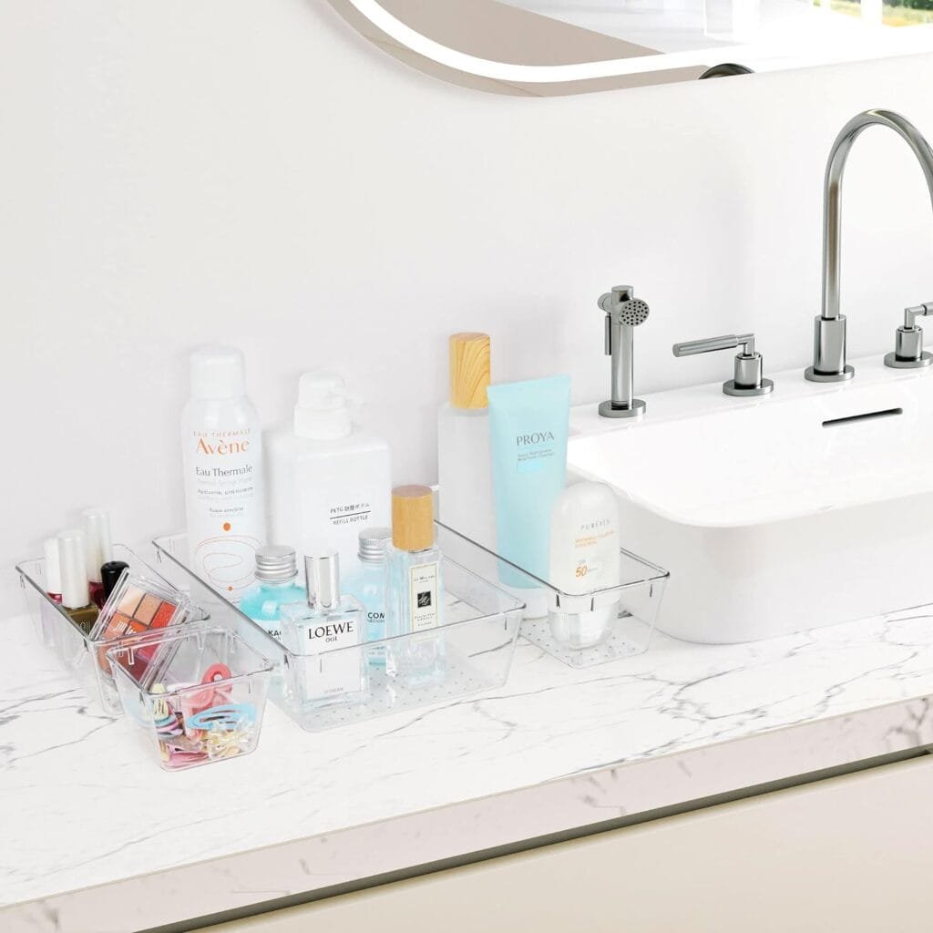 Vtopmart 25 PCS Clear Plastic Drawer Organizers Set, 4-Size Versatile Bathroom and Vanity Drawer Organizer Trays, Storage Bins for Makeup, Bedroom, Kitchen Gadgets Utensils and Office Vtopmart 25 PCS Clear Plastic Drawer Organizers Set, 4-Size Versatile Bathroom and Vanity Drawer Organizer Trays, Storage Bins for Makeup, Bedroom, Kitchen Gadgets Utensils and Office