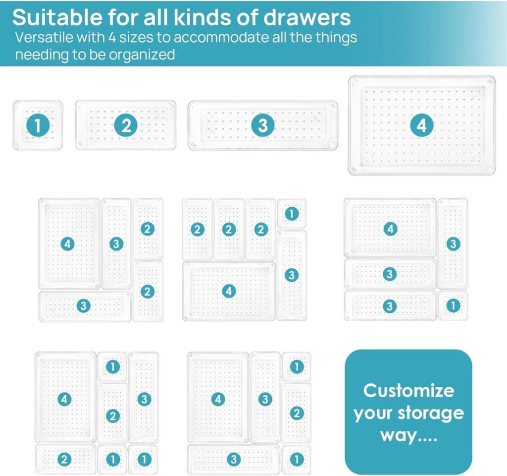 Vtopmart 25 PCS Clear Plastic Drawer Organizers Set, 4-Size Versatile Bathroom and Vanity Drawer Organizer Trays, Storage Bins for Makeup, Bedroom, Kitchen Gadgets Utensils and Office Vtopmart 25 PCS Clear Plastic Drawer Organizers Set, 4-Size Versatile Bathroom and Vanity Drawer Organizer Trays, Storage Bins for Makeup, Bedroom, Kitchen Gadgets Utensils and Office