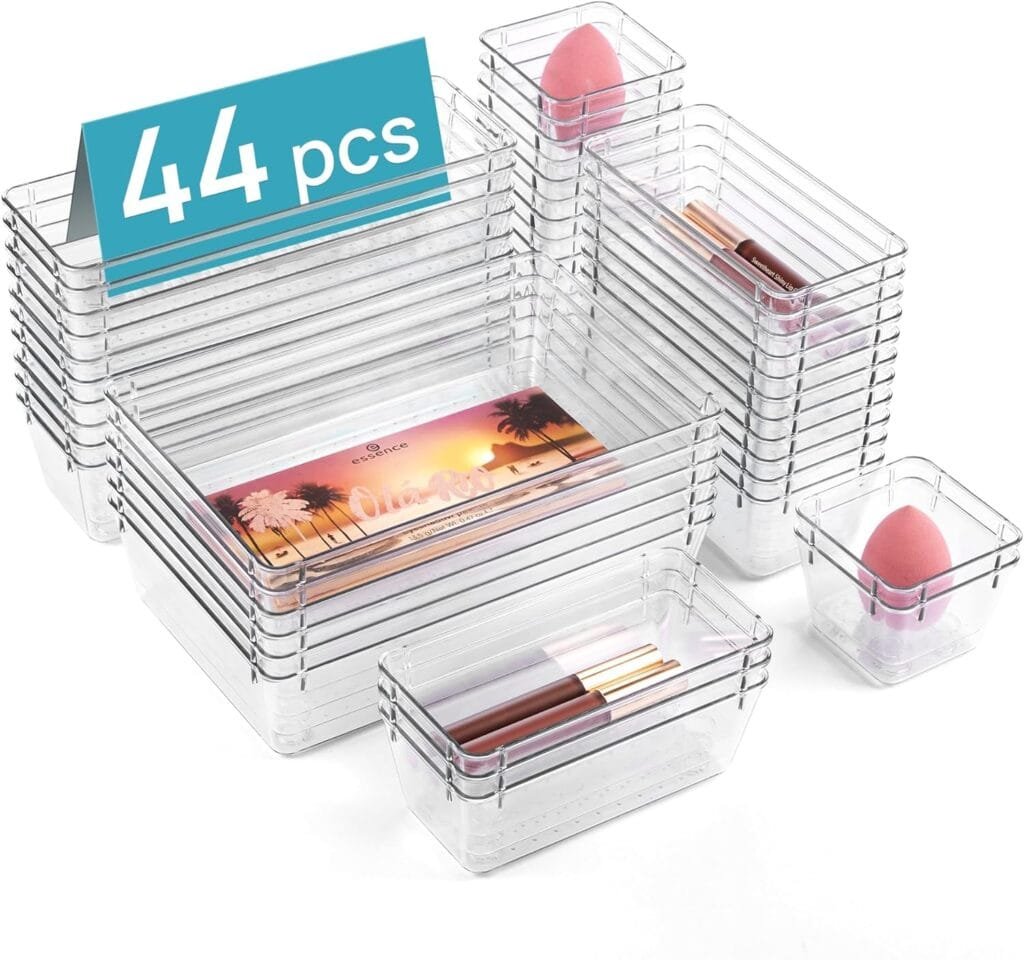 Vtopmart 44 PCS Clear Plastic Drawer Organizers Set, 4-Size Versatile Bathroom and Vanity Organizer Trays, Non-Slip Storage Containers for Makeup, Jewelries, Bedroom,Kitchen Utensils and Office Vtopmart 44 PCS Clear Plastic Drawer Organizers Set, 4-Size Versatile Bathroom and Vanity Organizer Trays, Non-Slip Storage Containers for Makeup, Jewelries, Bedroom,Kitchen Utensils and Office