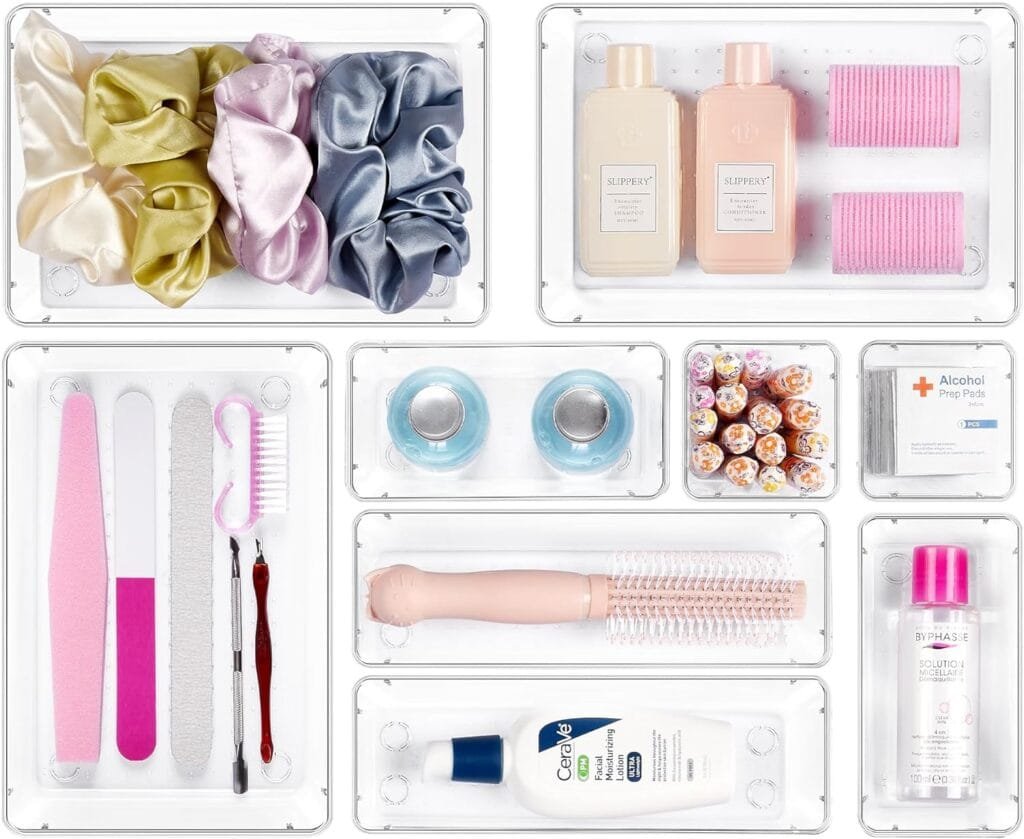 Vtopmart 44 PCS Clear Plastic Drawer Organizers Set, 4-Size Versatile Bathroom and Vanity Organizer Trays, Non-Slip Storage Containers for Makeup, Jewelries, Bedroom,Kitchen Utensils and Office Vtopmart 44 PCS Clear Plastic Drawer Organizers Set, 4-Size Versatile Bathroom and Vanity Organizer Trays, Non-Slip Storage Containers for Makeup, Jewelries, Bedroom,Kitchen Utensils and Office