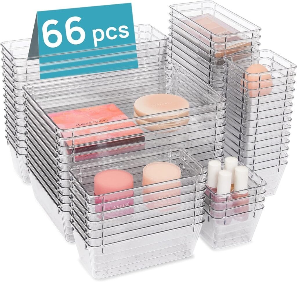 Vtopmart 66 PCS Clear Plastic Drawer Organizers Bins, 4-Size Versatile Bathroom and Vanity Organizer Trays, Non-Slip Storage Containers for Makeup, Jewelries, Bedroom,Kitchen Utensils and Office Vtopmart 66 PCS Clear Plastic Drawer Organizers Bins, 4-Size Versatile Bathroom and Vanity Organizer Trays, Non-Slip Storage Containers for Makeup, Jewelries, Bedroom,Kitchen Utensils and Office
