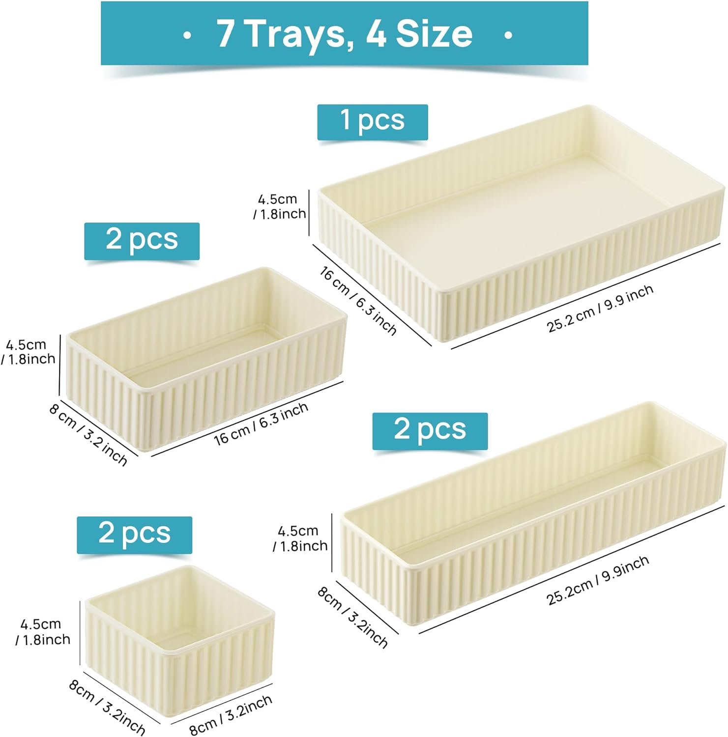 Vtopmart 7 PCS Clear Drawer Organizers Bins, 4-Size Stackable Makeup and Vanity Drawer Organizer Trays, Acrylic Bathroom Drawer Storage Containers for Cosmetic, Office Supply, Kitchen Utensils Gadgets