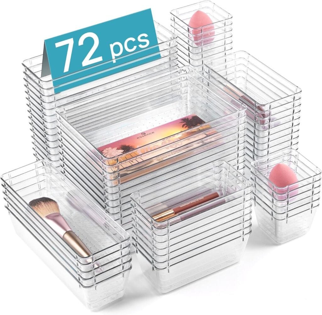 Vtopmart 72 PCS Clear Plastic Drawer Organizers Set, 4-Size Versatile Bathroom and Vanity Drawer Organizer Trays, Non-Slip Storage Bins for Makeup, Jewelries, Kitchen Utensils and Office Desk Vtopmart 72 PCS Clear Plastic Drawer Organizers Set, 4-Size Versatile Bathroom and Vanity Drawer Organizer Trays, Non-Slip Storage Bins for Makeup, Jewelries, Kitchen Utensils and Office Desk