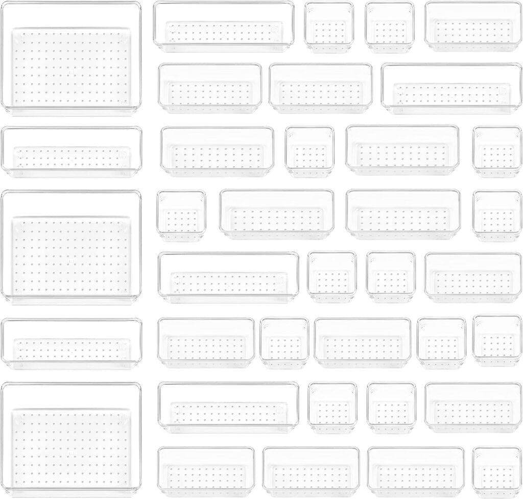 Vtopmart 72 PCS Clear Plastic Drawer Organizers Set, 4-Size Versatile Bathroom and Vanity Drawer Organizer Trays, Non-Slip Storage Bins for Makeup, Jewelries, Kitchen Utensils and Office Desk Vtopmart 72 PCS Clear Plastic Drawer Organizers Set, 4-Size Versatile Bathroom and Vanity Drawer Organizer Trays, Non-Slip Storage Bins for Makeup, Jewelries, Kitchen Utensils and Office Desk