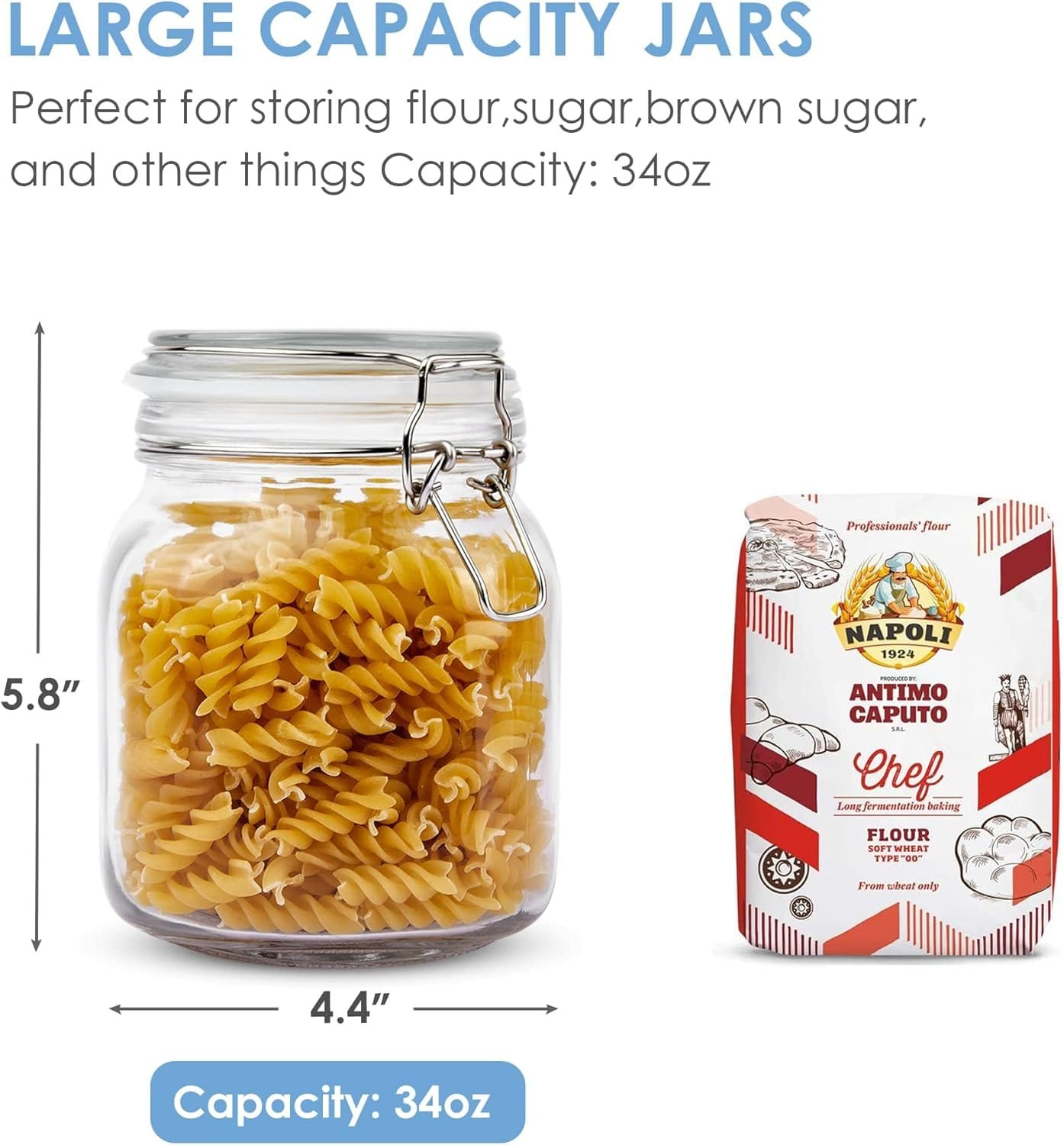 Vtopmart 78oz Glass Food Storage Jars with Airtight Clamp Lids, 3 Pack Large Kitchen Canisters for Flour, Cereal, Coffee, Pasta and Canning, Square Mason Jars with 8 Chalkboard Labels