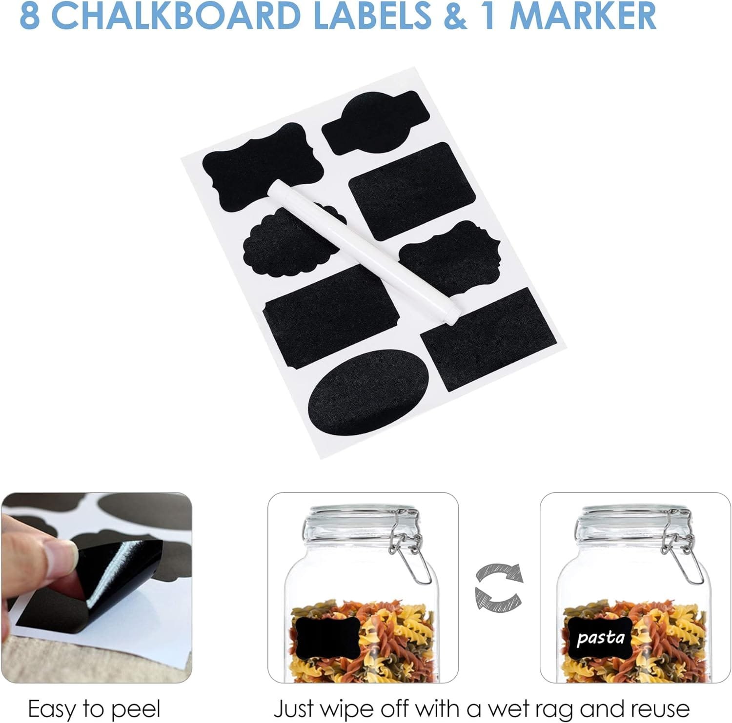 Vtopmart 78oz Glass Food Storage Jars with Airtight Clamp Lids, 3 Pack Large Kitchen Canisters for Flour, Cereal, Coffee, Pasta and Canning, Square Mason Jars with 8 Chalkboard Labels