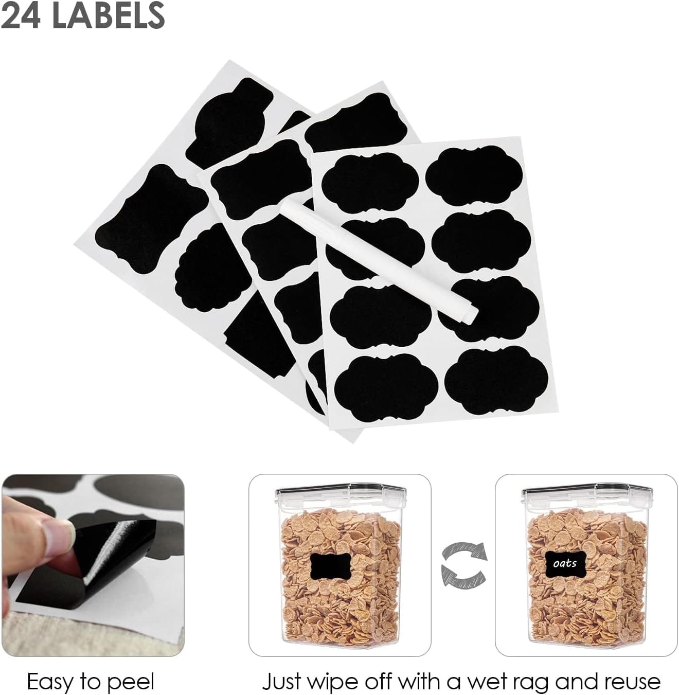 Vtopmart Airtight Food Storage Containers 12 Pieces 1.5qt / 1.6L- Plastic BPA Free Kitchen Pantry Storage Containers for Sugar, Flour and Baking Supplies - Dishwasher Safe - Include 24 Labels, Black