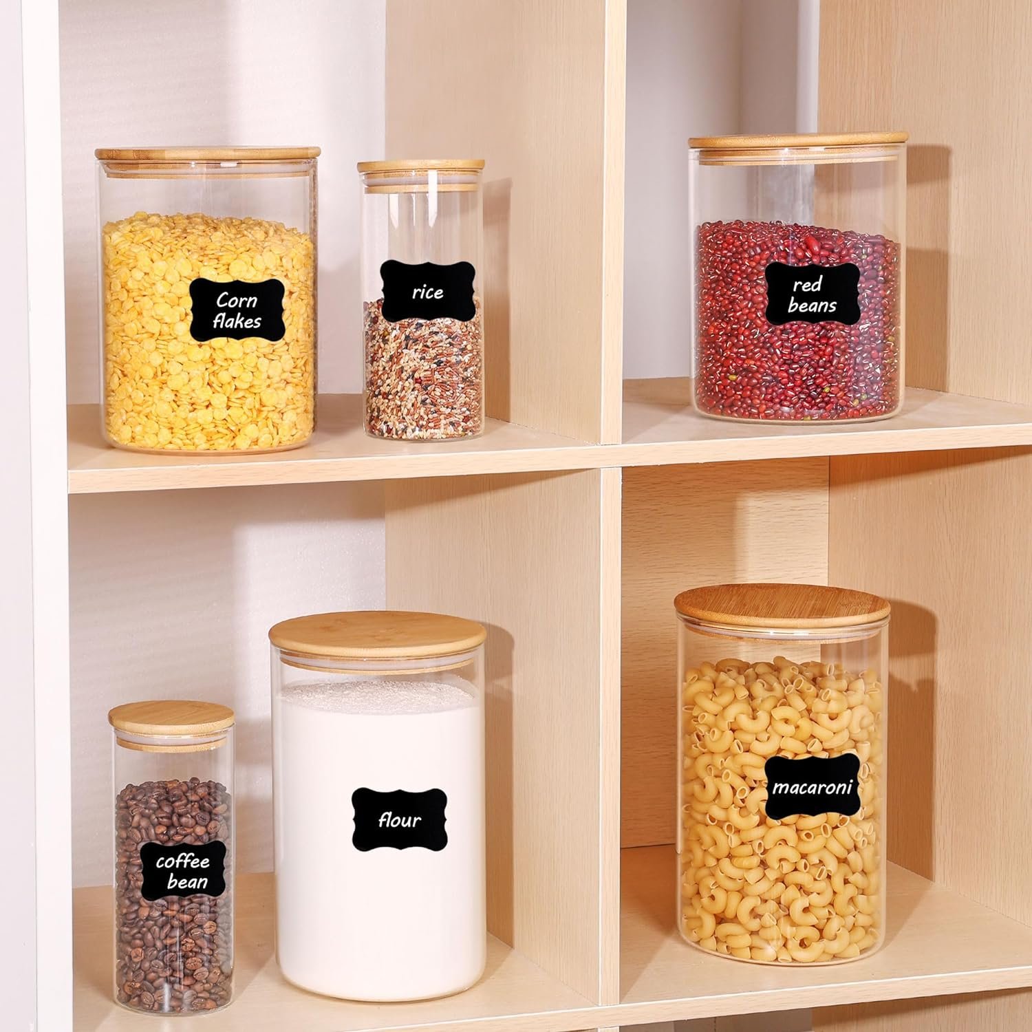 Vtopmart Glass Food Storage Jars, 7 Pack Food Containers with Airtight Bamboo Wooden Lids for Pasta, Cookies, Nuts, Coffee Beans, Cereal, Glass Canisters for Kitchen, Pantry Organization, BPA Free