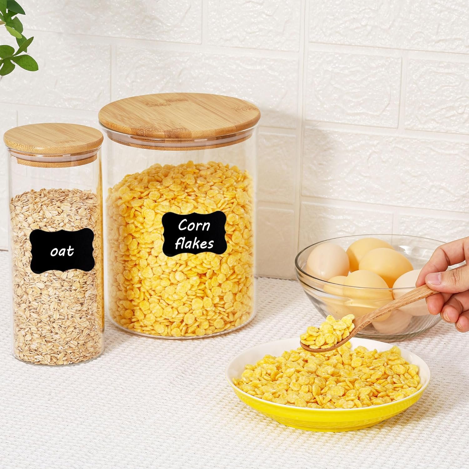 Vtopmart Glass Food Storage Jars, 7 Pack Food Containers with Airtight Bamboo Wooden Lids for Pasta, Cookies, Nuts, Coffee Beans, Cereal, Glass Canisters for Kitchen, Pantry Organization, BPA Free