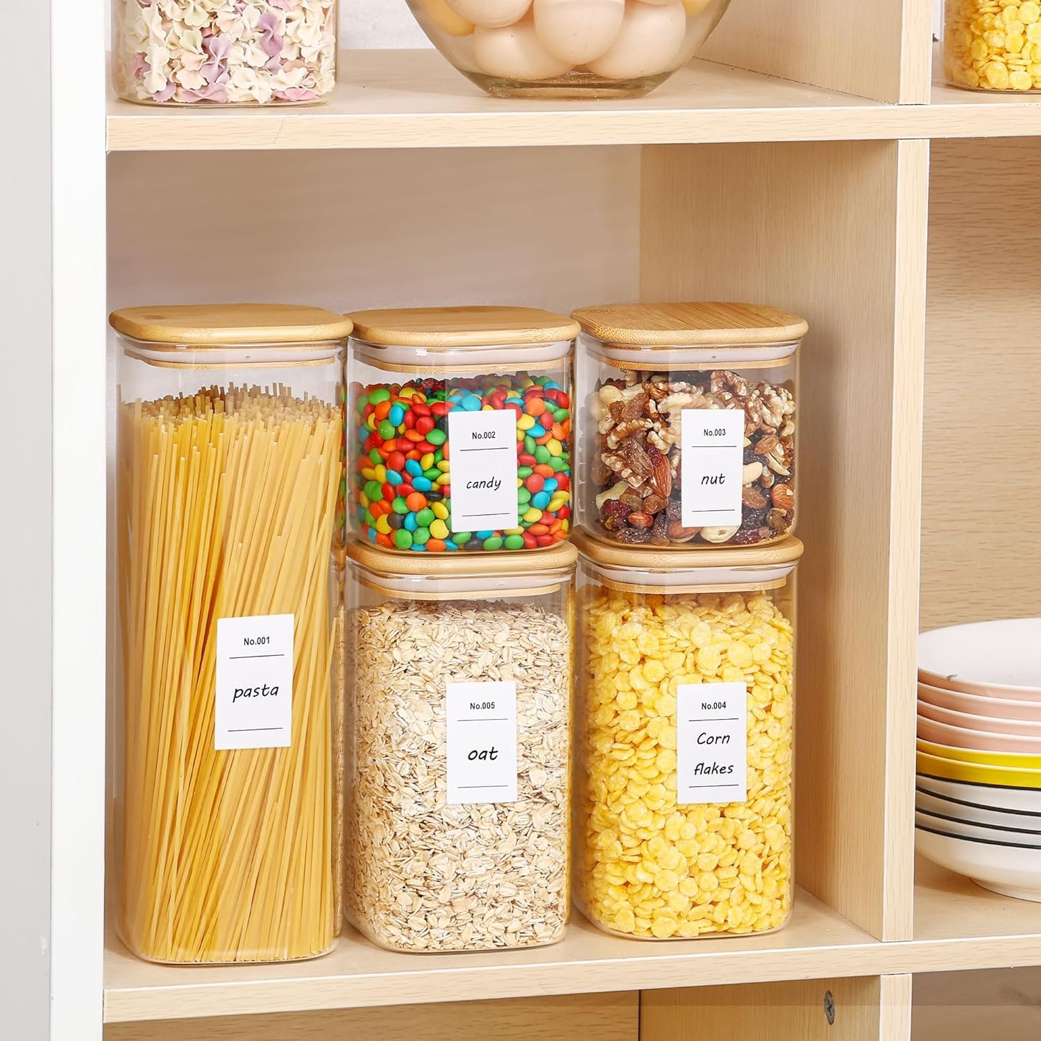 Vtopmart Glass Food Storage Jars, 7 Pack Food Containers with Airtight Bamboo Wooden Lids for Pasta, Cookies, Nuts, Coffee Beans, Cereal, Glass Canisters for Kitchen, Pantry Organization, BPA Free