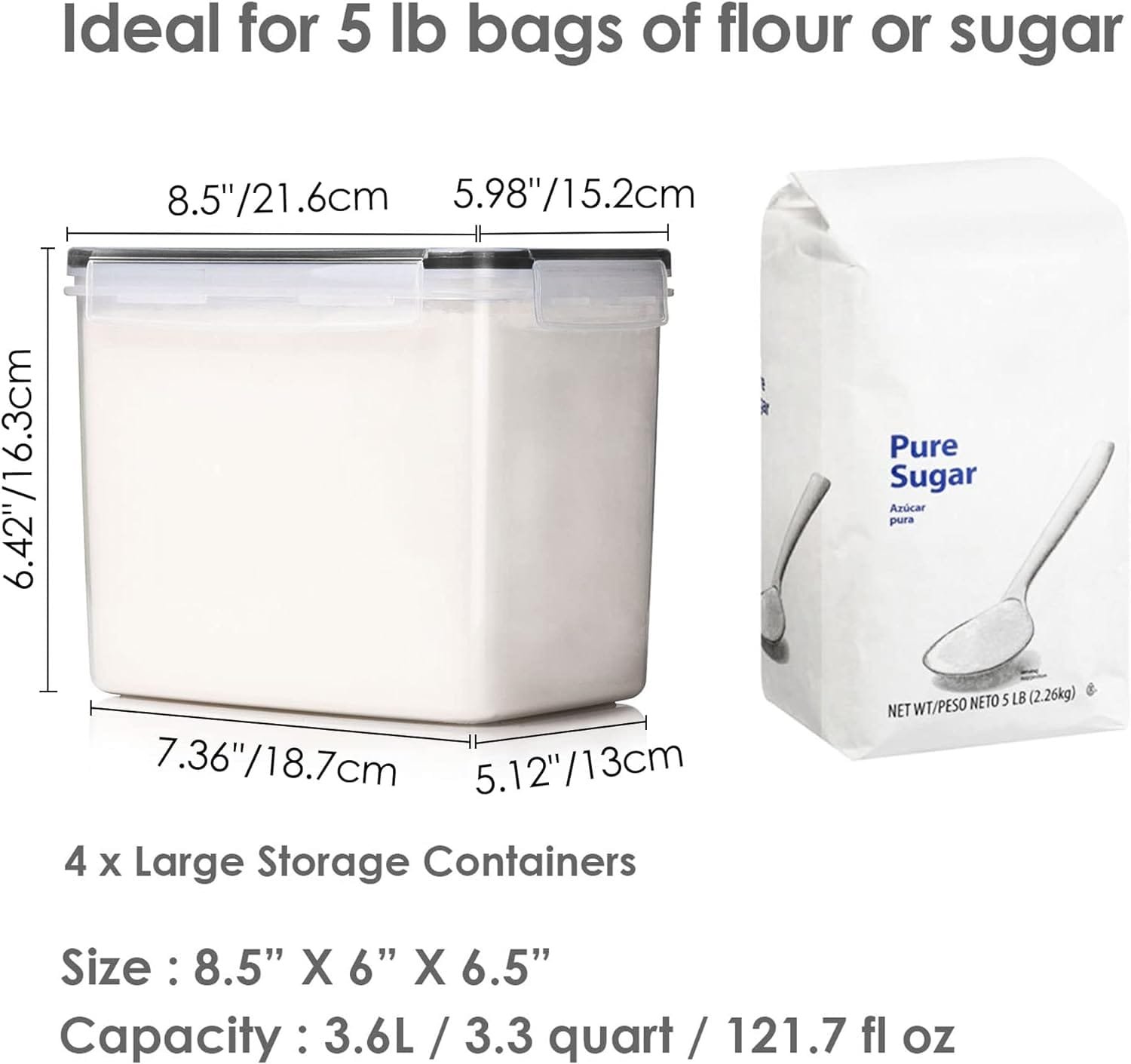 Vtopmart Large Food Storage Containers 5.2L / 176oz, 4 Pieces BPA Free Plastic Airtight Food Storage Canisters for Flour, Sugar, Baking Supplies, with 4 Measuring Cups and 24 Labels, Black