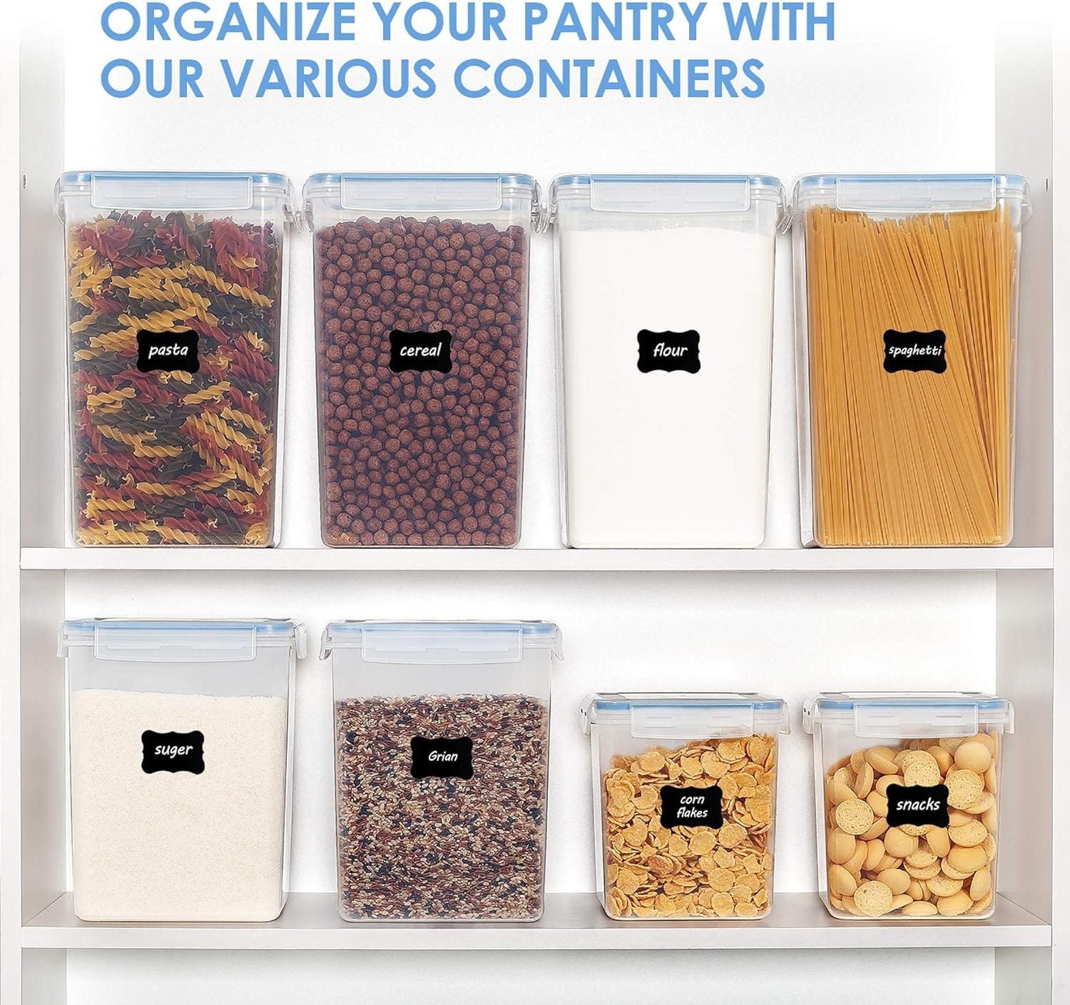 Vtopmart Large Food Storage Containers 5.2L / 176oz, 4 Pieces BPA Free Plastic Airtight Food Storage Canisters for Flour, Sugar, Baking Supplies, with 4 Measuring Cups and 24 Labels, Black