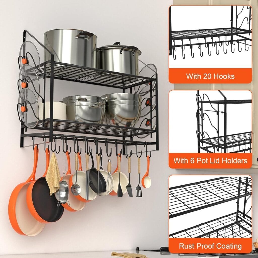 VyGrow Hanging Pot Rack 2 Tier, Pots and Pans Organizer Wall Mounted with 20 Hooks and 6 Pot Lid Holders, Heavy Duty Steel Pot and Pan Hanger for Kitchen Cookware Utensils Storage 28.5Lx12.2Wx26.4H
