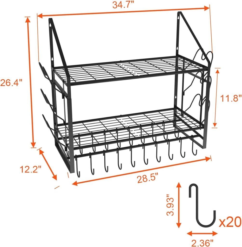 VyGrow Hanging Pot Rack 2 Tier, Pots and Pans Organizer Wall Mounted with 20 Hooks and 6 Pot Lid Holders, Heavy Duty Steel Pot and Pan Hanger for Kitchen Cookware Utensils Storage 28.5Lx12.2Wx26.4H