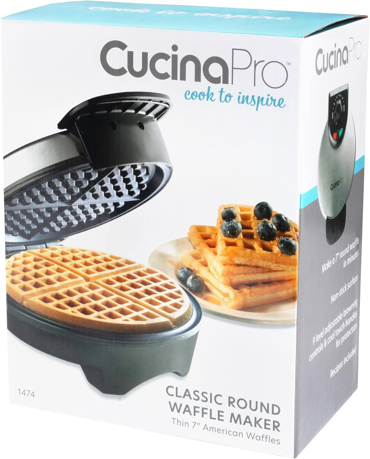 Waffle Maker by Cucina Pro - Non-Stick Waffler Iron with Adjustable Browning Control, Griddle Makes 7 Inch Thin, American Style Waffles for Breakfast, Homemade Valentine Breakfast Gift for Her or Him