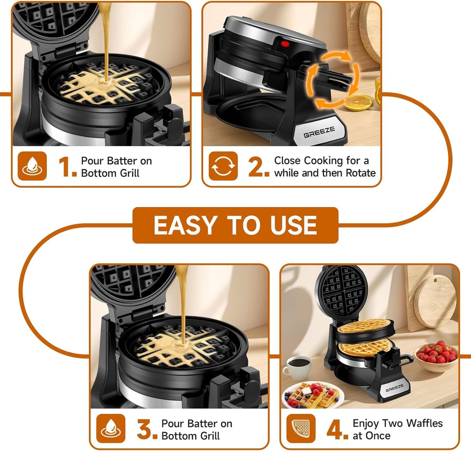Waffle Maker, Double Belgian Waffle Maker 180°Flip, 1400W Waffle Iron 8 Slices, Rotating  Nonstick Plates with Removable Drip Tray for Easy Clean, Stainless Steel, Locking Buckle  Cool Touch Handle