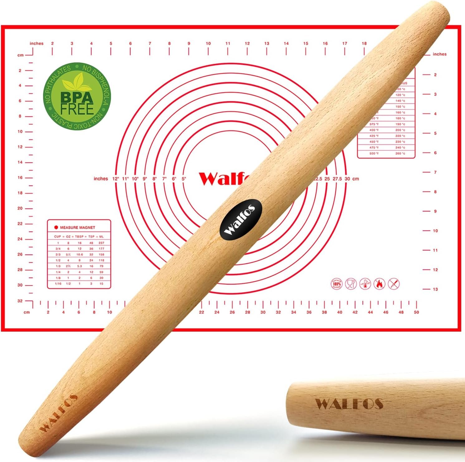 WALFOS French Rolling Pin and Silicone Baking Mat Set, Non-Stick Beech Wood Rolling Pin 17 Inch and Pastry Mat for Best Pie Crust, Cookie, Pasta and Pizza Dough WALFOS French Rolling Pin and Silicone Baking Mat Set, Non-Stick Beech Wood Rolling Pin 17 Inch and Pastry Mat for Best Pie Crust, Cookie, Pasta and Pizza Dough