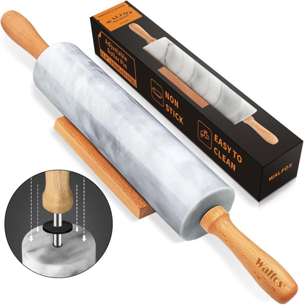 Walfos Marble Rolling Pin With Wooden Handles  Wood Cradle, 16.5 Inch Marble Rolling Pins For Making Pizza Dough And Tortillas, Dough Roller For Pie Crust, Cookie, Pasta (Gray  White)