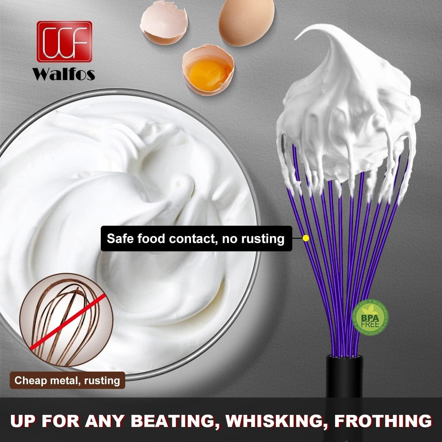Walfos Silicone Balloon Whisk, Heat Resistant Non Scratch Coated Kitchen Whisks for Cooking Nonstick Cookware, Balloon Egg Wisk Perfect for Blending, Baking, Beating, Set of 3,Red,Blue,Green