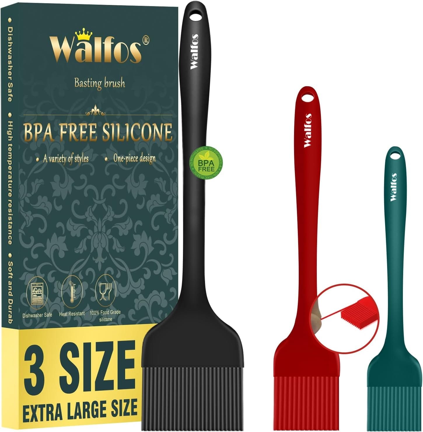 Walfos Silicone Basting Brush Set, Heat Resistant Pastry Brush, Perfect for Baking,BBQ Grill,Kitchen Cooking,Strong Steel Core and One-Pieces Design,BPA Free and Dishwasher Safe (5 Pcs)