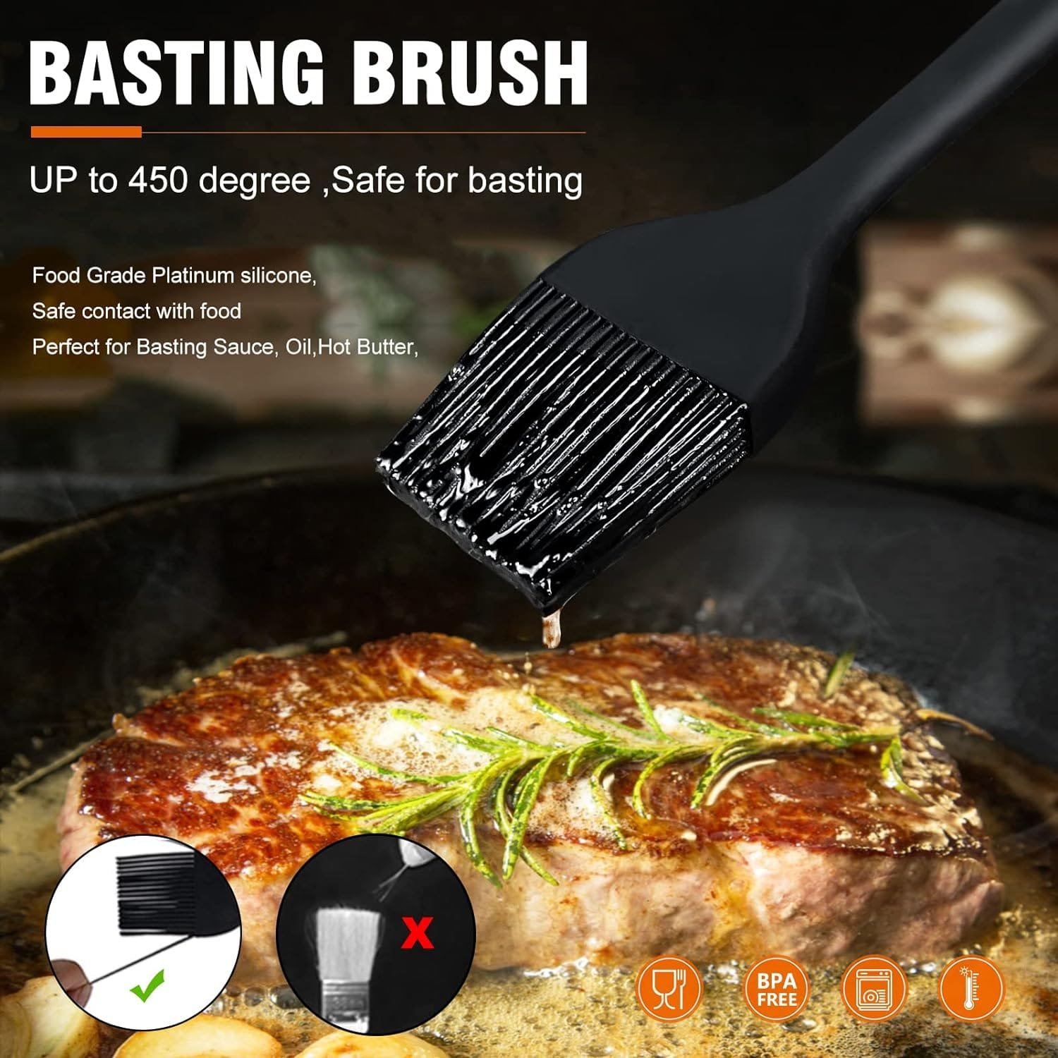 Walfos Silicone Basting Brush Set, Heat Resistant Pastry Brush, Perfect for Baking,BBQ Grill,Kitchen Cooking,Strong Steel Core and One-Pieces Design,BPA Free and Dishwasher Safe (5 Pcs)