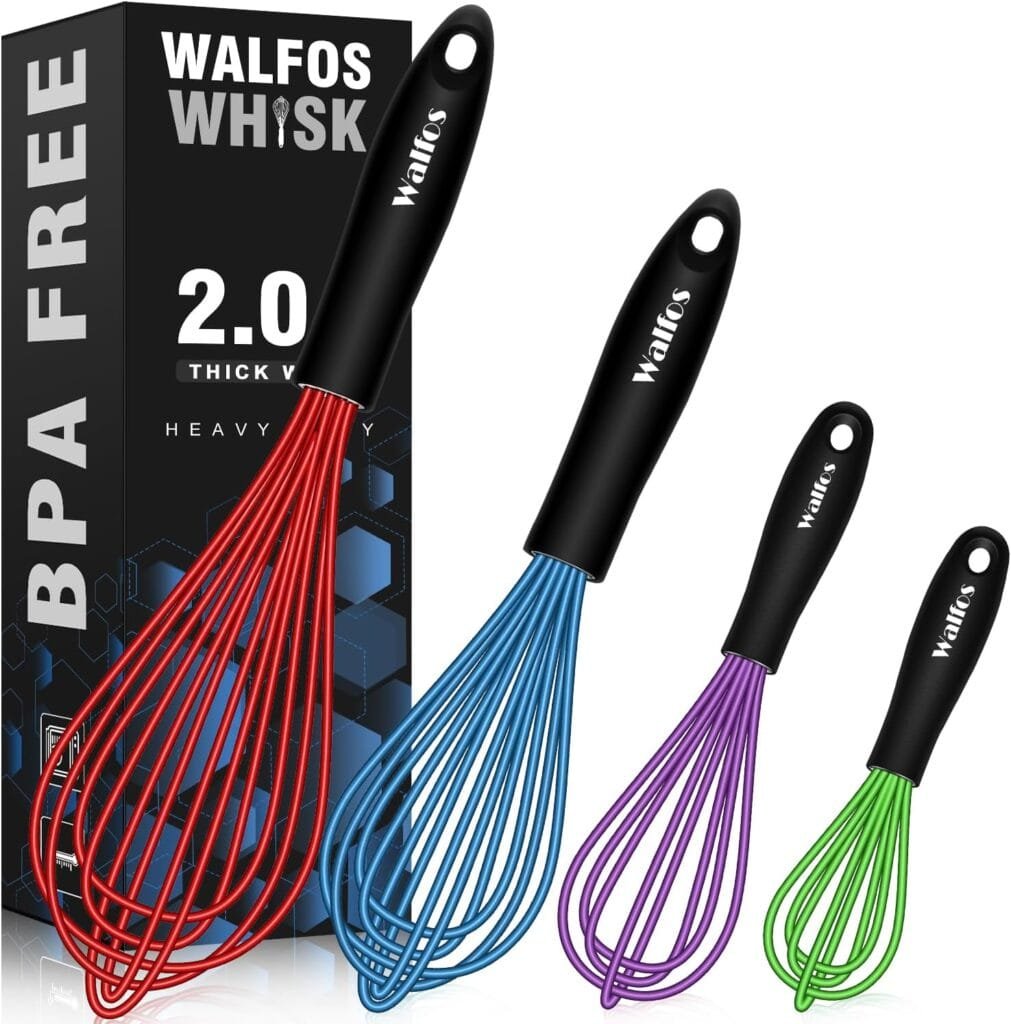 Walfos Whisk, Silicone Whisk Heat Resistant Kitchen Whisks Set of 4- Professional Whisks For Cooking Non Scratch, Balloon Egg Wisk Perfect for Frothing, Blending, Beating Walfos Whisk, Silicone Whisk Heat Resistant Kitchen Whisks Set of 4- Professional Whisks For Cooking Non Scratch, Balloon Egg Wisk Perfect for Frothing, Blending, Beating