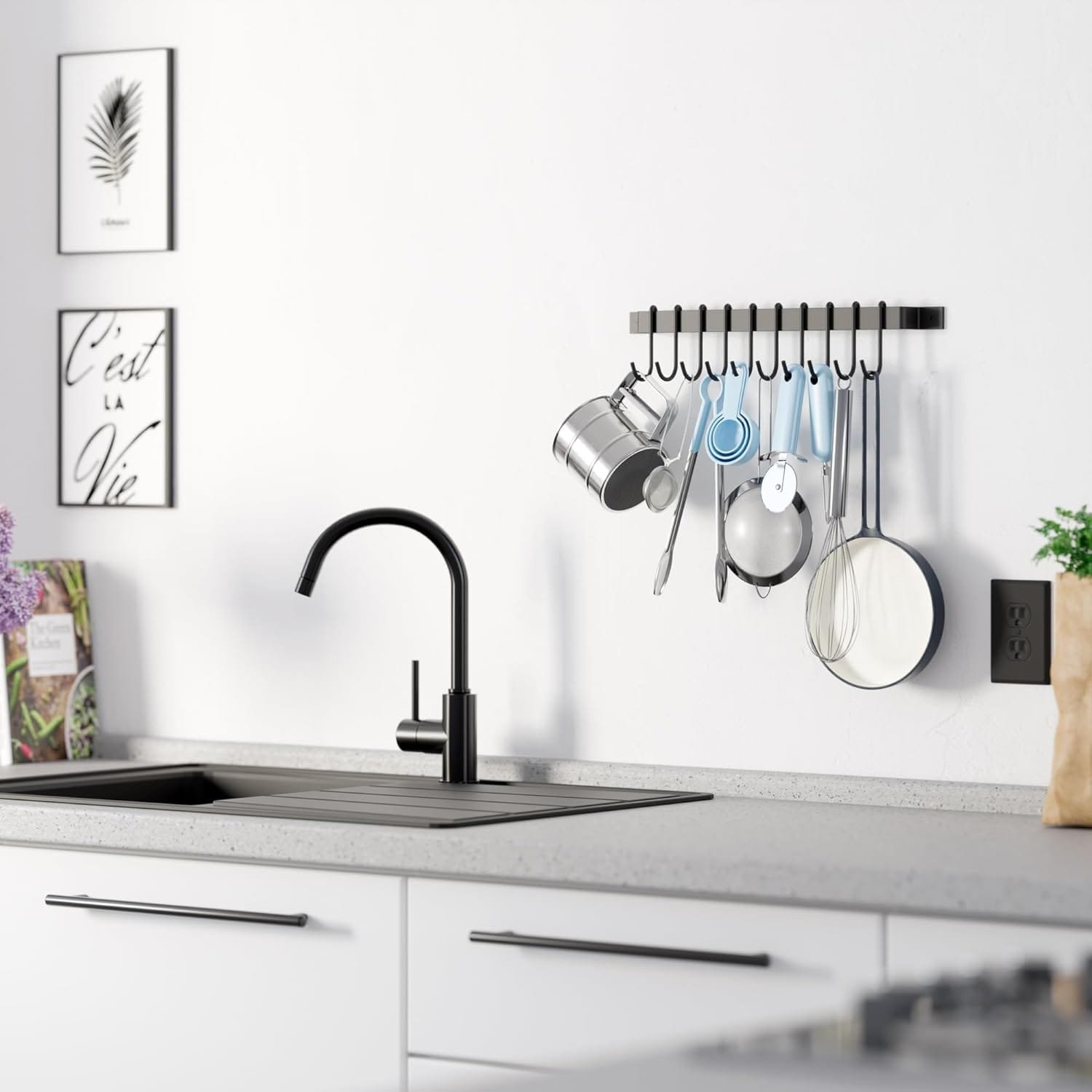 Wallniture Gourmet Kitchen Rail with 10 Hooks, Wall Mounted Wrought Iron Hanging Utensil Holder Rack with Black 17 Inch