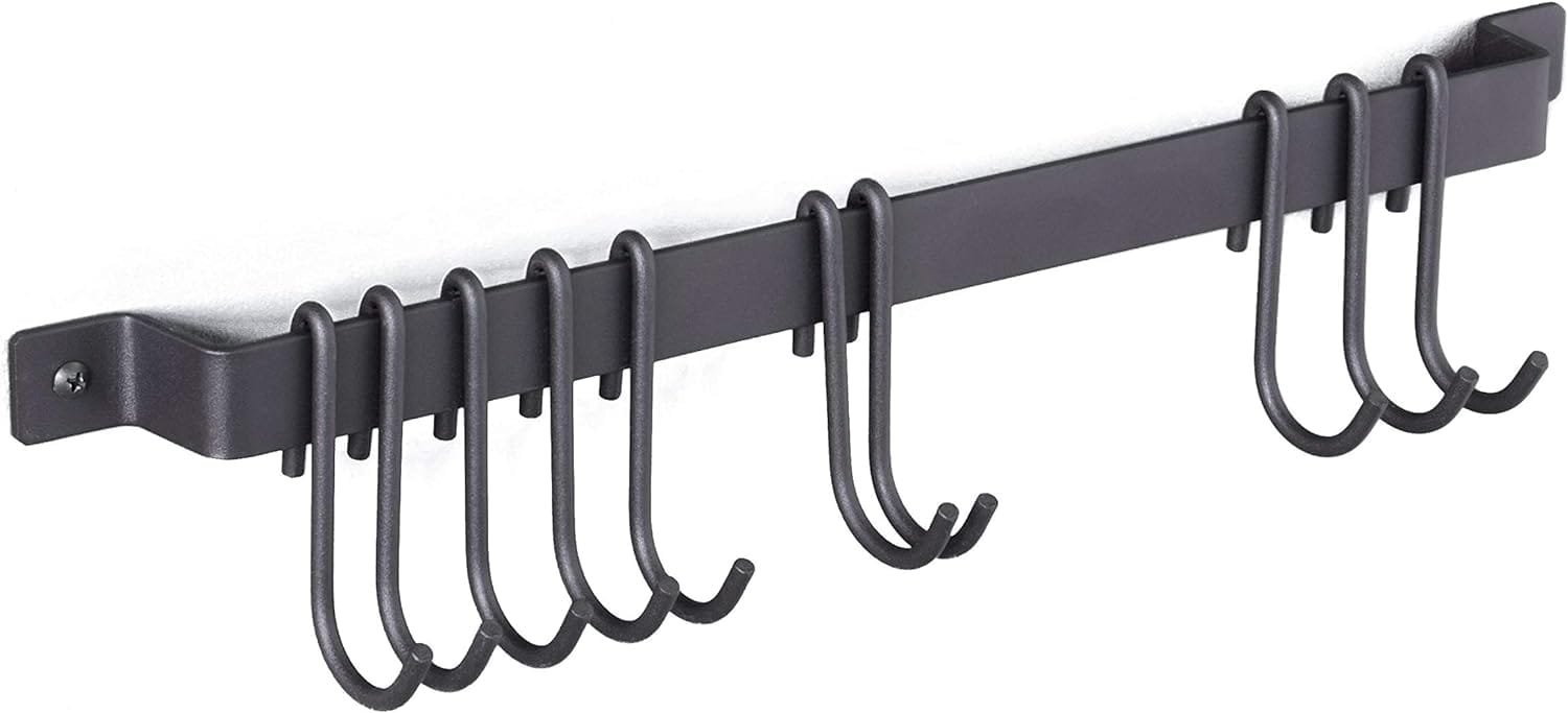 Wallniture Gourmet Kitchen Rail with 10 Hooks, Wall Mounted Wrought Iron Hanging Utensil Holder Rack with Black 17 Inch
