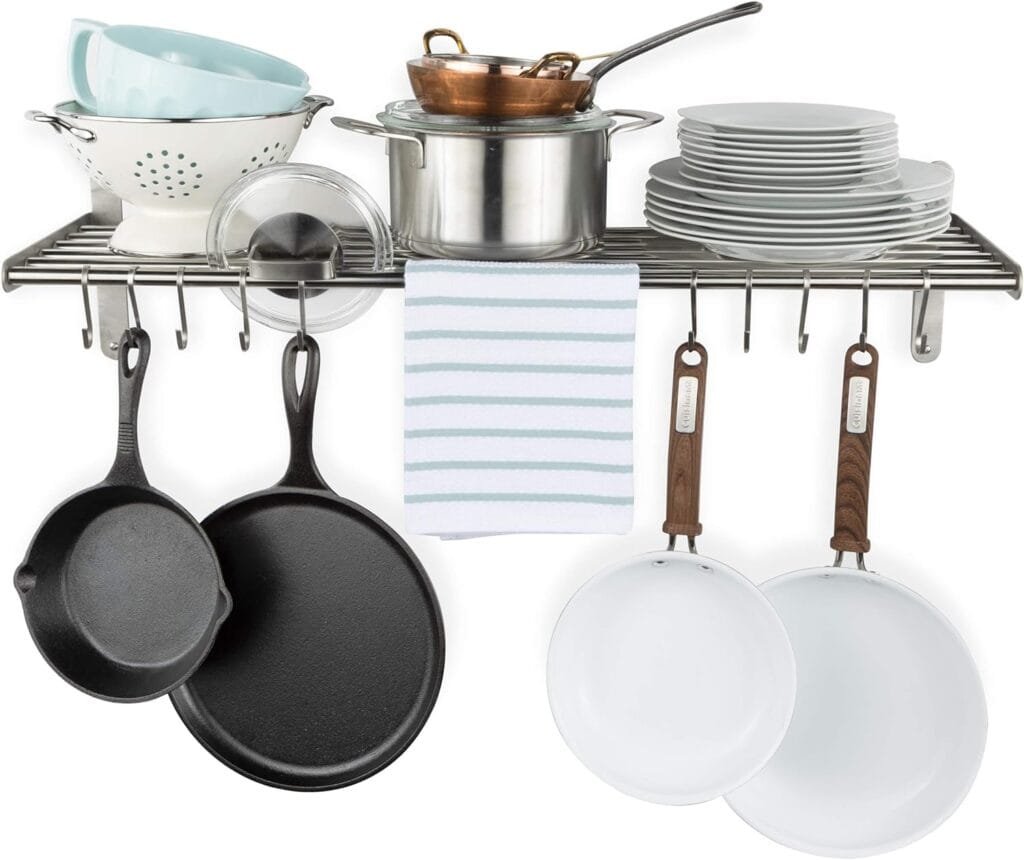 Wallniture Lyon Kitchen Organization and Storage Rack, Stainless Steel Metal Wall Shelf with 10 S Hooks for Hanging Pots and Pans, Chrome