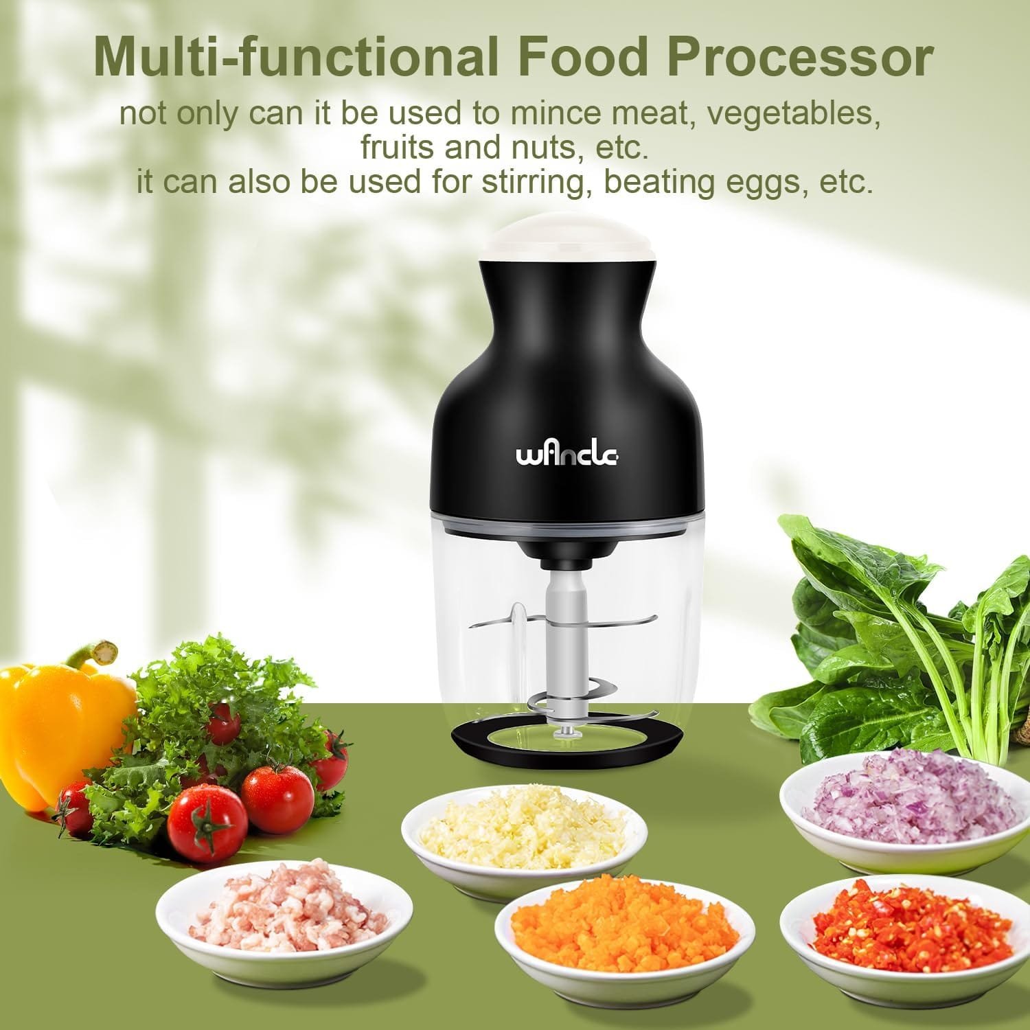 Wancle Food Processors, Multi-Functional Food Chopper, Meat Grinder  Veggie Chopper, Quiet, 600ML Baby Food Maker, One-Touch Operation, 350W, Three-layer Blade(Black)