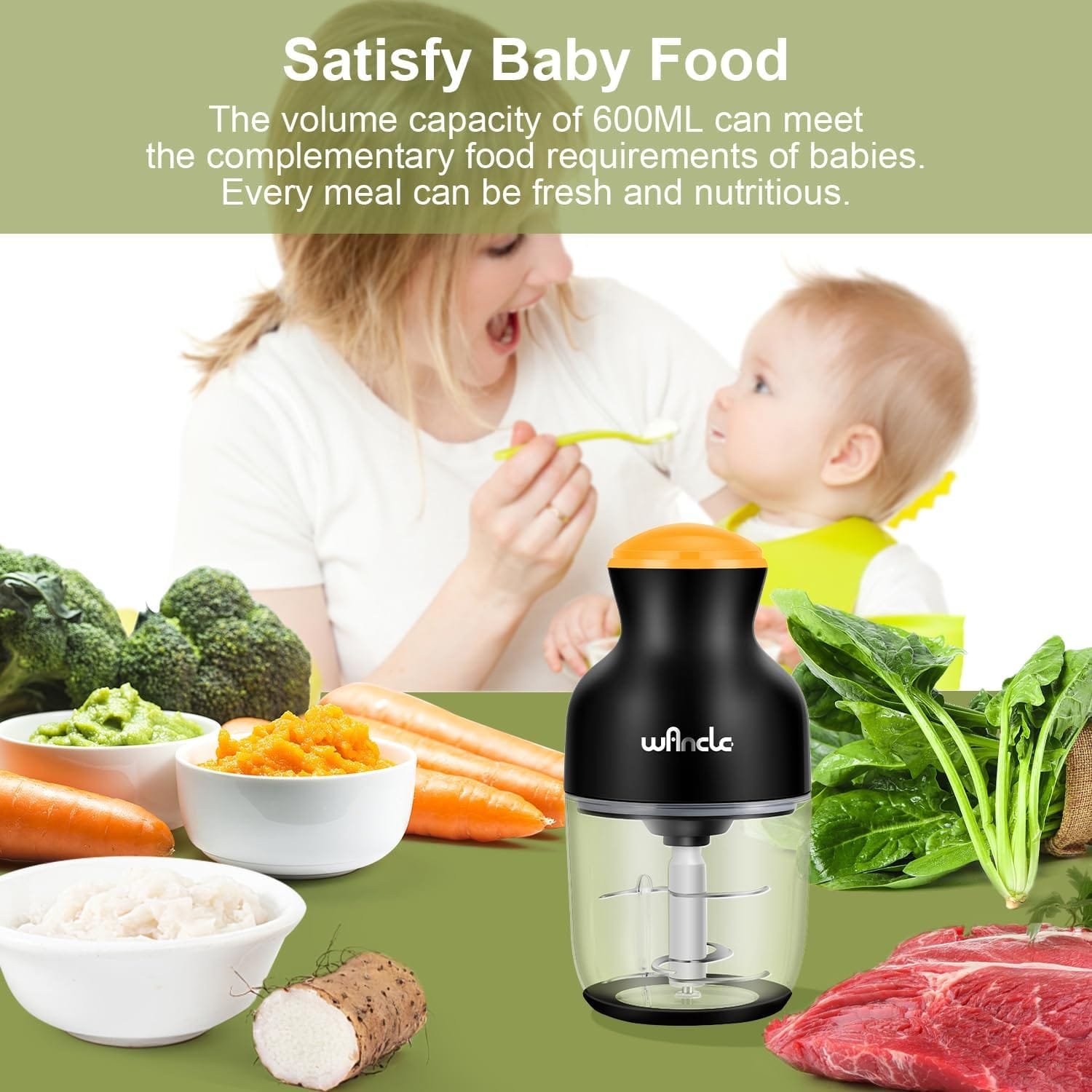 Wancle Food Processors, Multi-Functional Food Chopper, Meat Grinder  Veggie Chopper, Quiet, 600ML Baby Food Maker, One-Touch Operation, 350W, Three-layer Blade(Black)