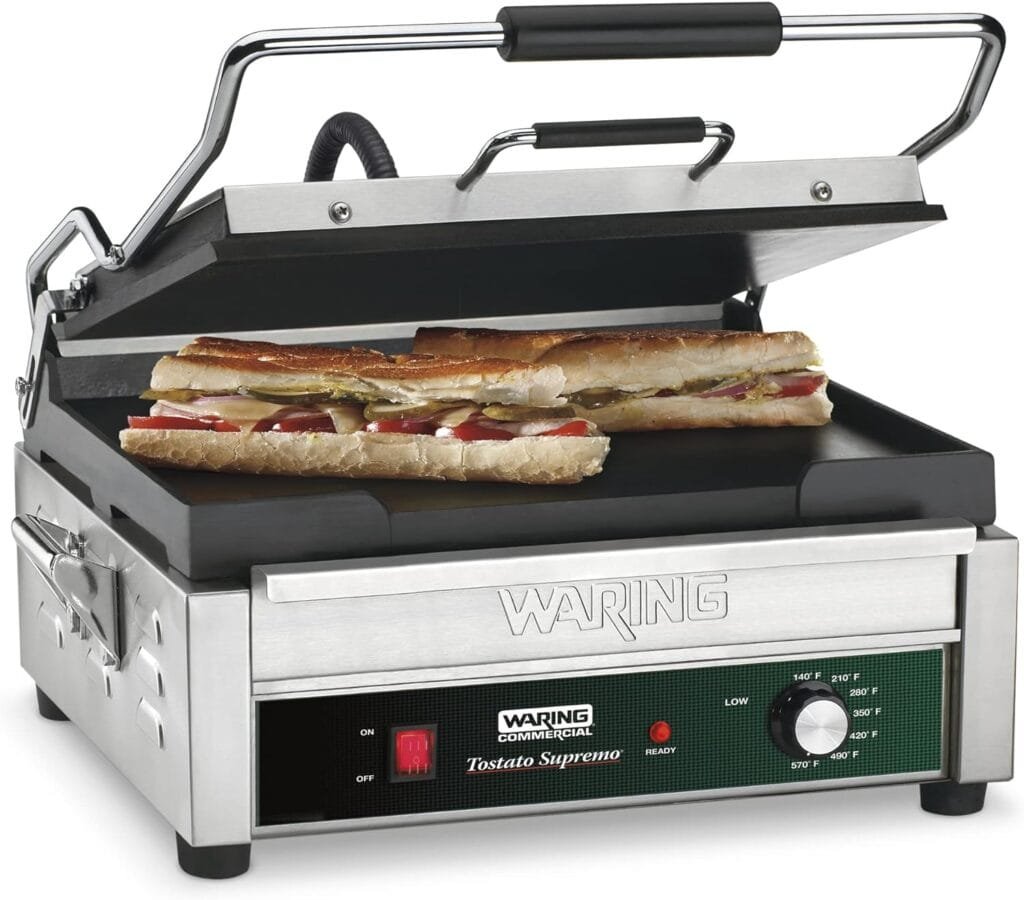 Waring Commercial WFG275T Full Sized 14 x 14 Flat Toasting Grill, 20 Minute Countdown Timer, 120V, 1800W, 5-15 Phase Plug