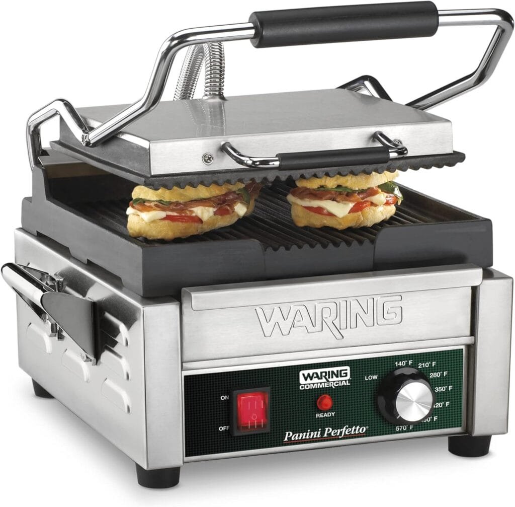 Waring Commercial WFG275T Full Sized 14 x 14 Flat Toasting Grill, 20 Minute Countdown Timer, 120V, 1800W, 5-15 Phase Plug