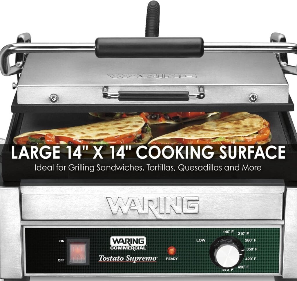 Waring Commercial WFG275T Full Sized 14 x 14 Flat Toasting Grill, 20 Minute Countdown Timer, 120V, 1800W, 5-15 Phase Plug