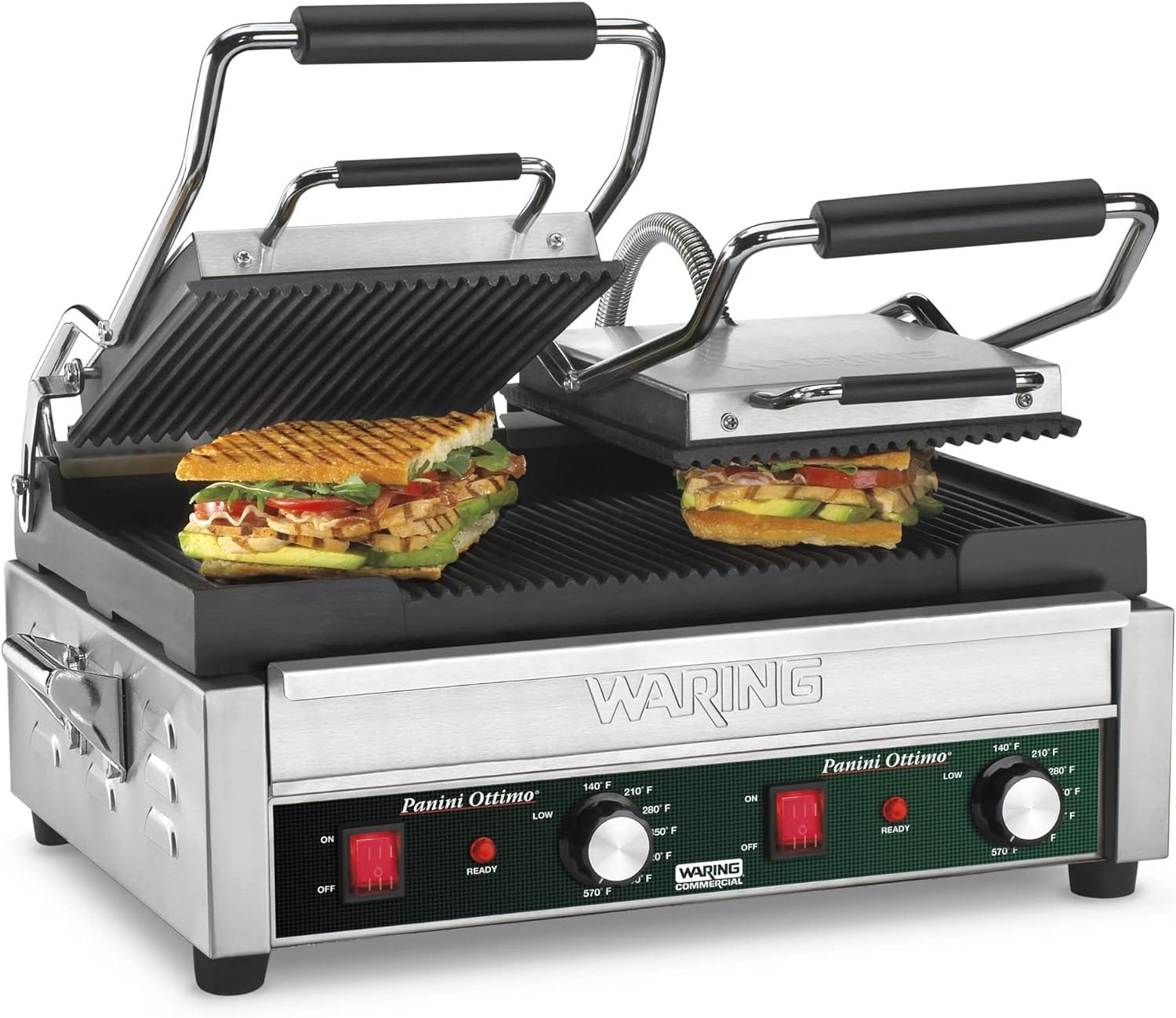 Waring Commercial WPG300 Panini Otimo Dual Ribbed Panini Grill, 240V, 3200W, 6-20 Phase Plug, Silver, 15.5 x 18.75 x 9.25 inches Waring Commercial WPG300 Panini Otimo Dual Ribbed Panini Grill, 240V, 3200W, 6-20 Phase Plug, Silver, 15.5 x 18.75 x 9.25 inches