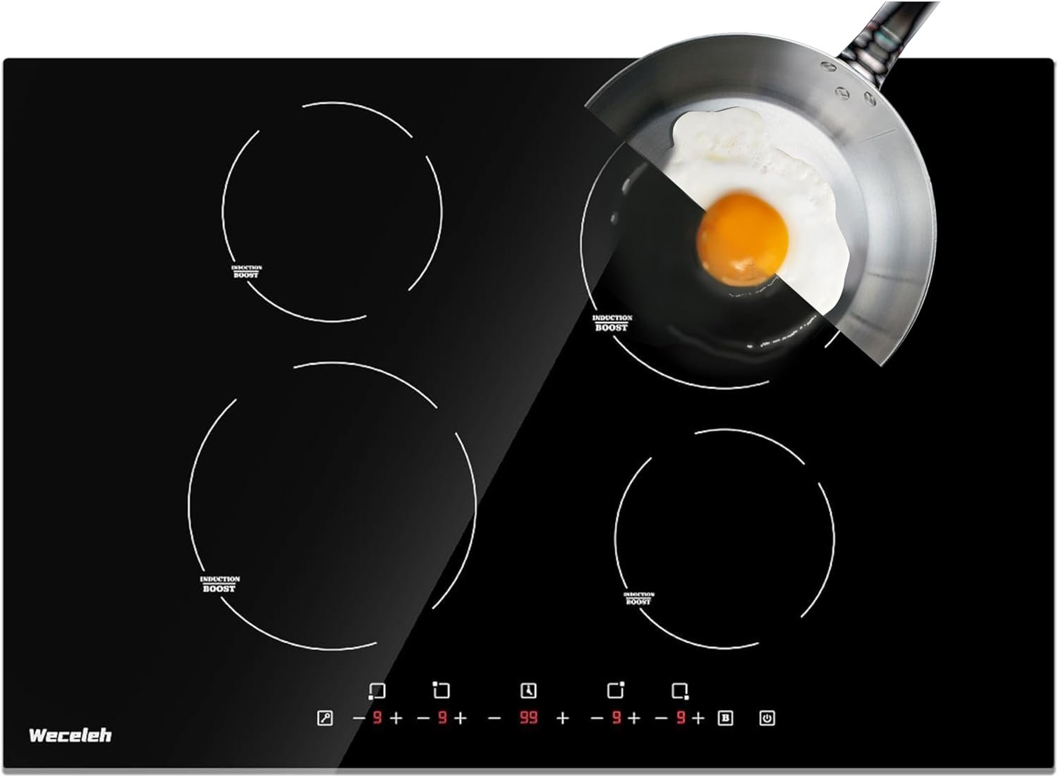 Weceleh Induction Cooktop 30 Inch with 4 Burner, Built-in Induction Stove Top 220-240V, Electric Stove Top with Boost Function, Timer  Kid Safety Lock, 9 Power Levels,7000W,(NO PLUG)