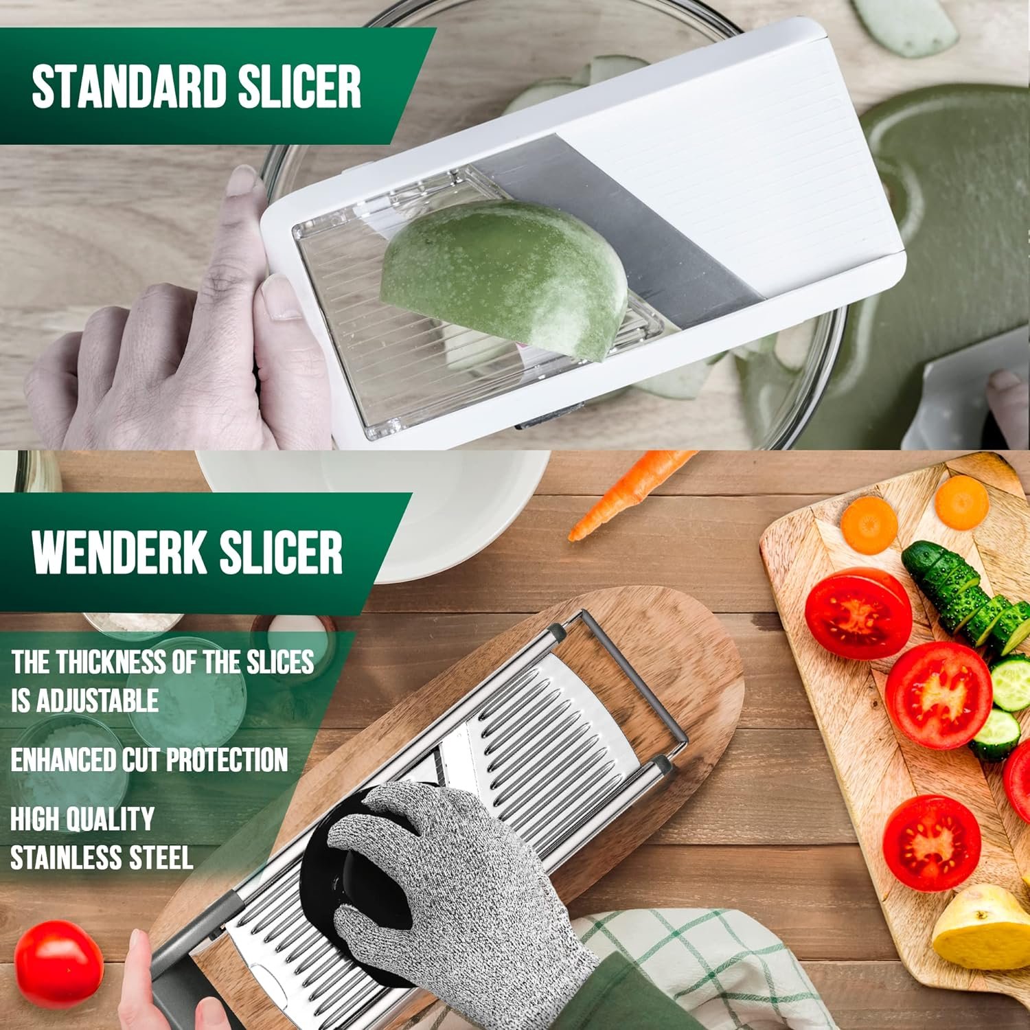WENDERK Adjustable Stainless Steel Mandoline Food Slicer with Cut Resistant Gloves [Upgraded] - Professional Handheld Kitchen Mandolin Julienne Cutter to Slice Vegetables Fruits Chips French Fry