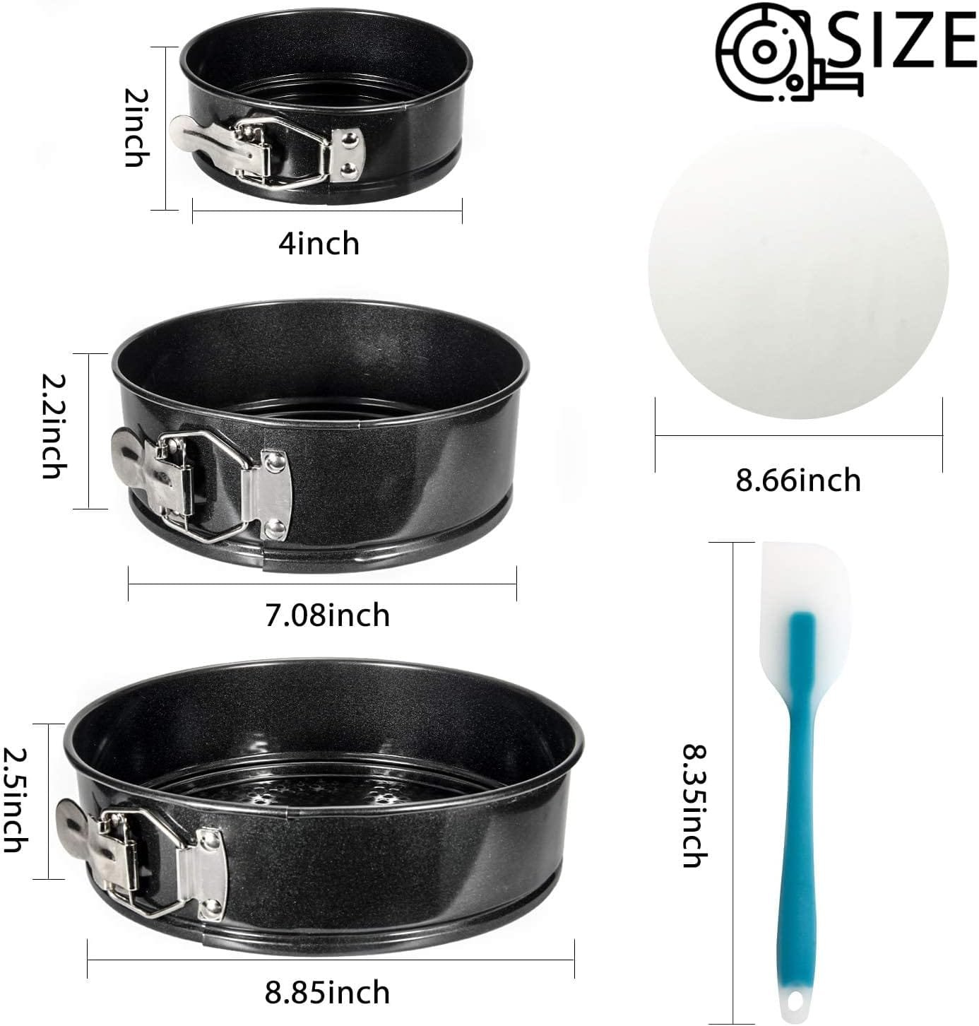 WERTIOO Springform Pan set, (4/7/9) Set of 3 Round Baking Pans, Nonstick Leakproof Cake Pan Bakeware Cheesecake Pan with 50 Pcs Parchment Paper Liners and 1 Silicone Spatula