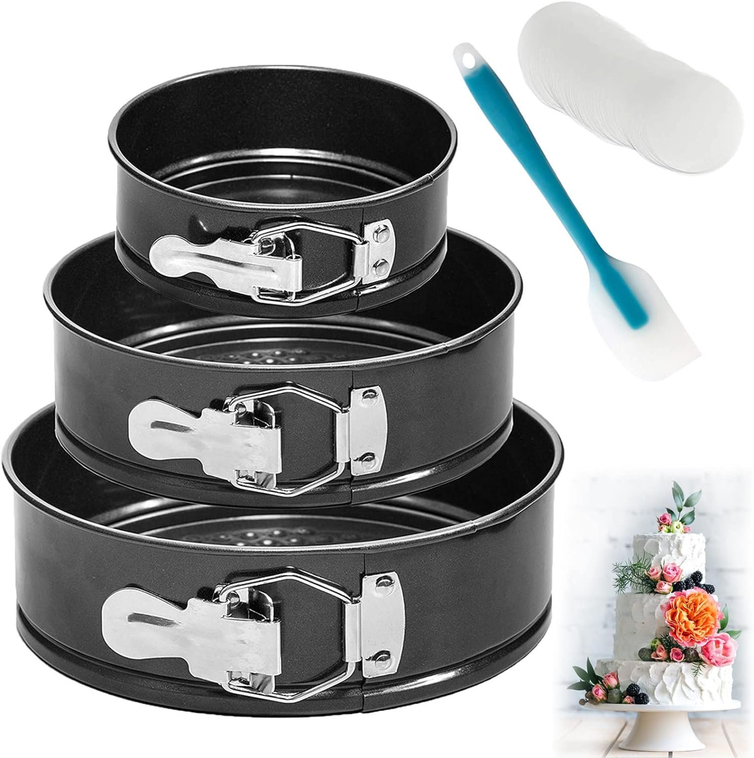 WERTIOO Springform Pan set, (4/7/9) Set of 3 Round Baking Pans, Nonstick Leakproof Cake Pan Bakeware Cheesecake Pan with 50 Pcs Parchment Paper Liners and 1 Silicone Spatula