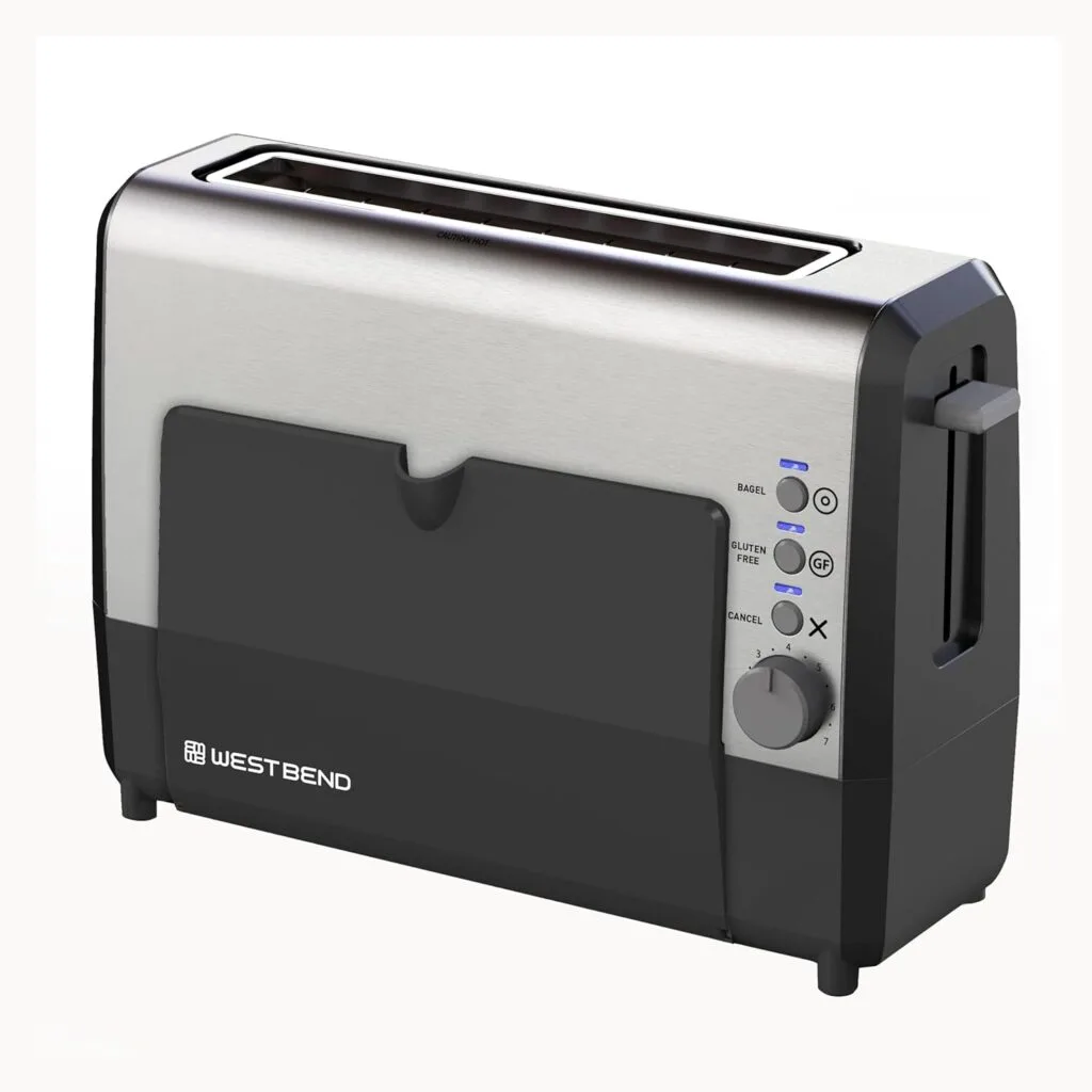 West Bend 77224 Toaster 2 Slice QuikServe Wide Slot Slide Through with Bagel and Gluten-Free Settings and Cool Touch Exterior Includes Removable Serving Tray, Black