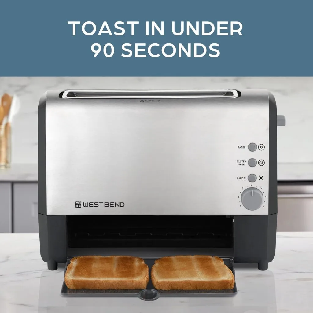 West Bend 77224 Toaster 2 Slice QuikServe Wide Slot Slide Through with Bagel and Gluten-Free Settings and Cool Touch Exterior Includes Removable Serving Tray, Black