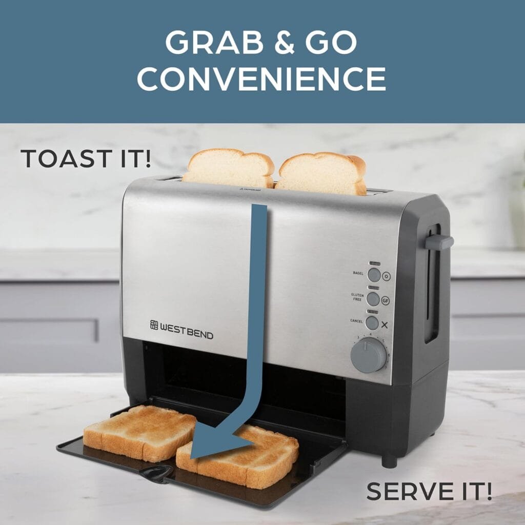 West Bend 77224 Toaster 2 Slice QuikServe Wide Slot Slide Through with Bagel and Gluten-Free Settings and Cool Touch Exterior Includes Removable Serving Tray, Black