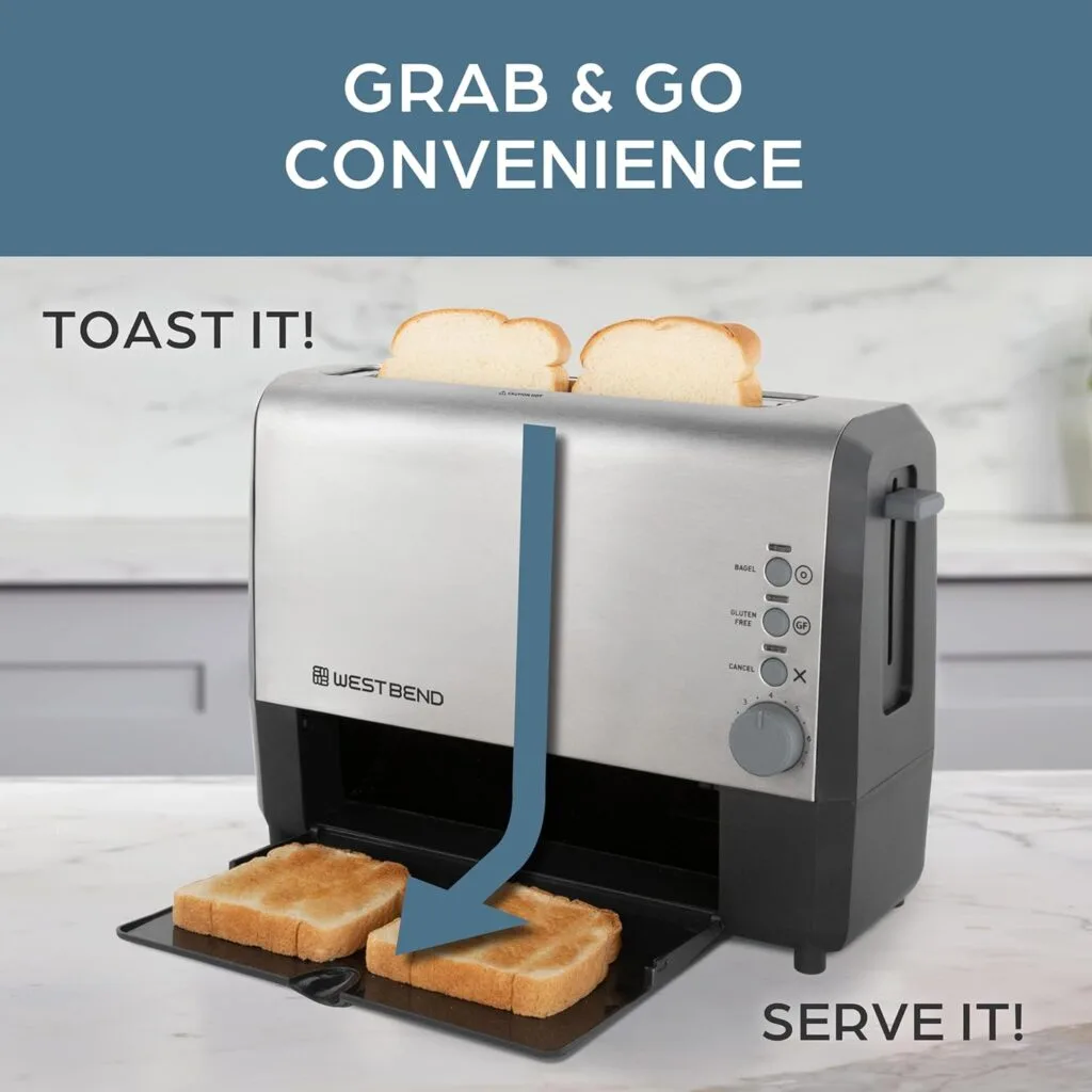 West Bend 77224 Toaster 2 Slice QuikServe Wide Slot Slide Through with Bagel and Gluten-Free Settings and Cool Touch Exterior Includes Removable Serving Tray, Black