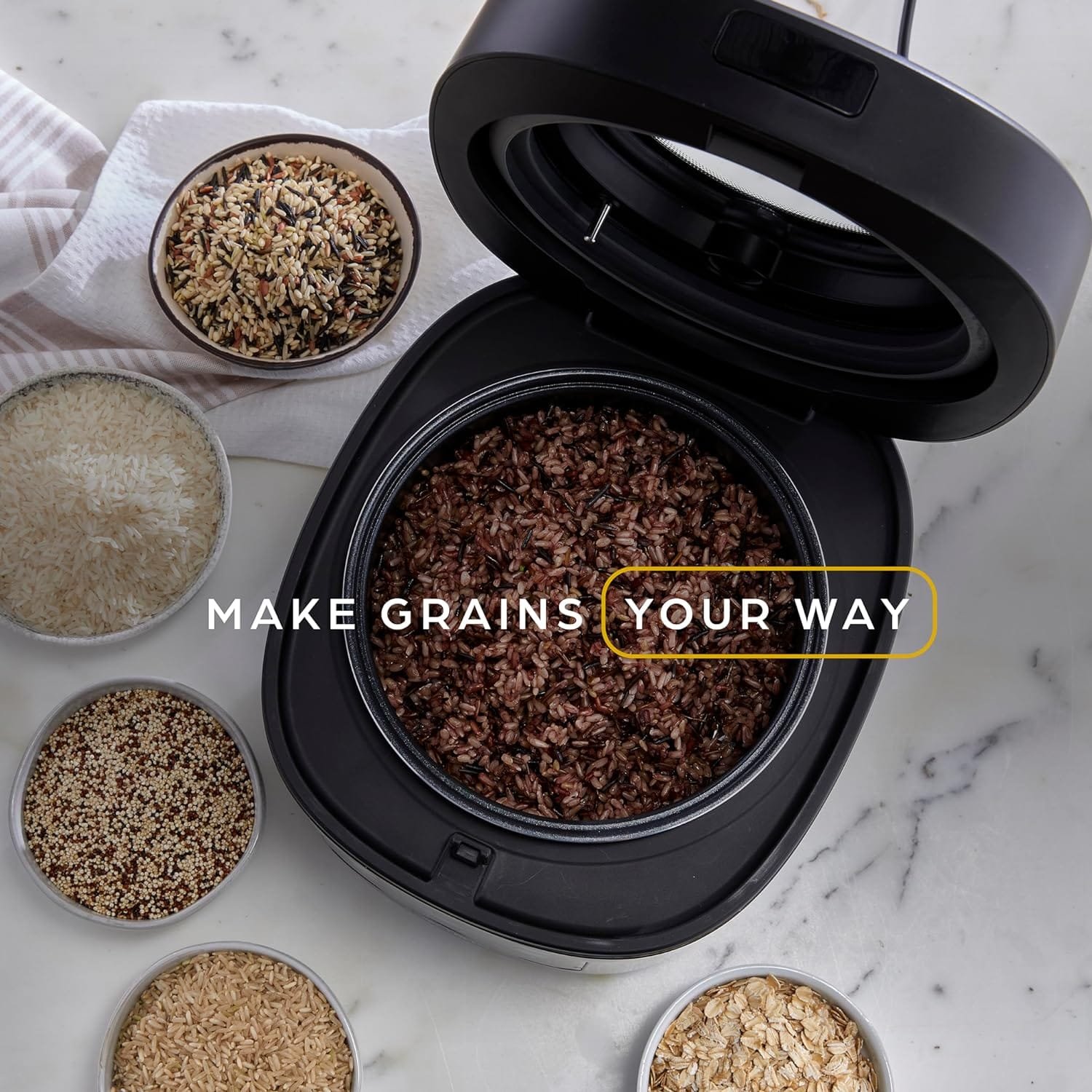 West Bend Programmable Rice  Grain Cooker with 7 Preset Functions, Includes Delay Start and Keep Warm, Features Easy View Window  Steam Basket, 12 Cups Cooked (6 Uncooked), Black