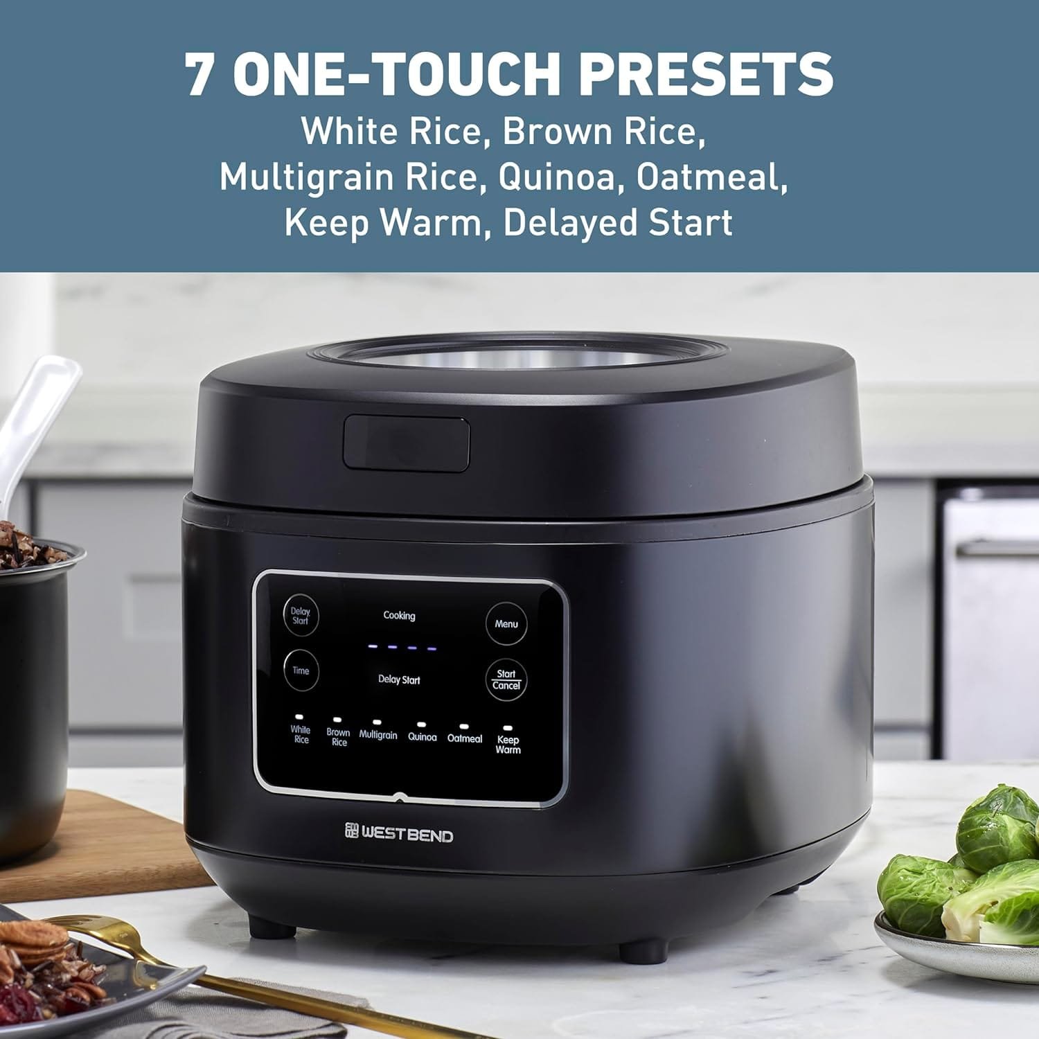 West Bend Programmable Rice  Grain Cooker with 7 Preset Functions, Includes Delay Start and Keep Warm, Features Easy View Window  Steam Basket, 12 Cups Cooked (6 Uncooked), Black