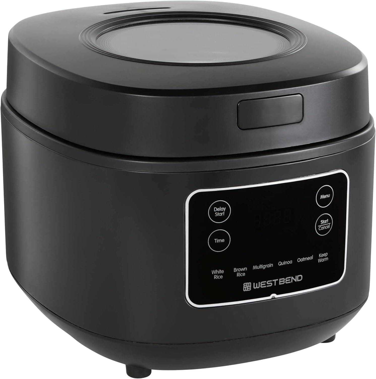 West Bend Programmable Rice  Grain Cooker with 7 Preset Functions, Includes Delay Start and Keep Warm, Features Easy View Window  Steam Basket, 12 Cups Cooked (6 Uncooked), Black