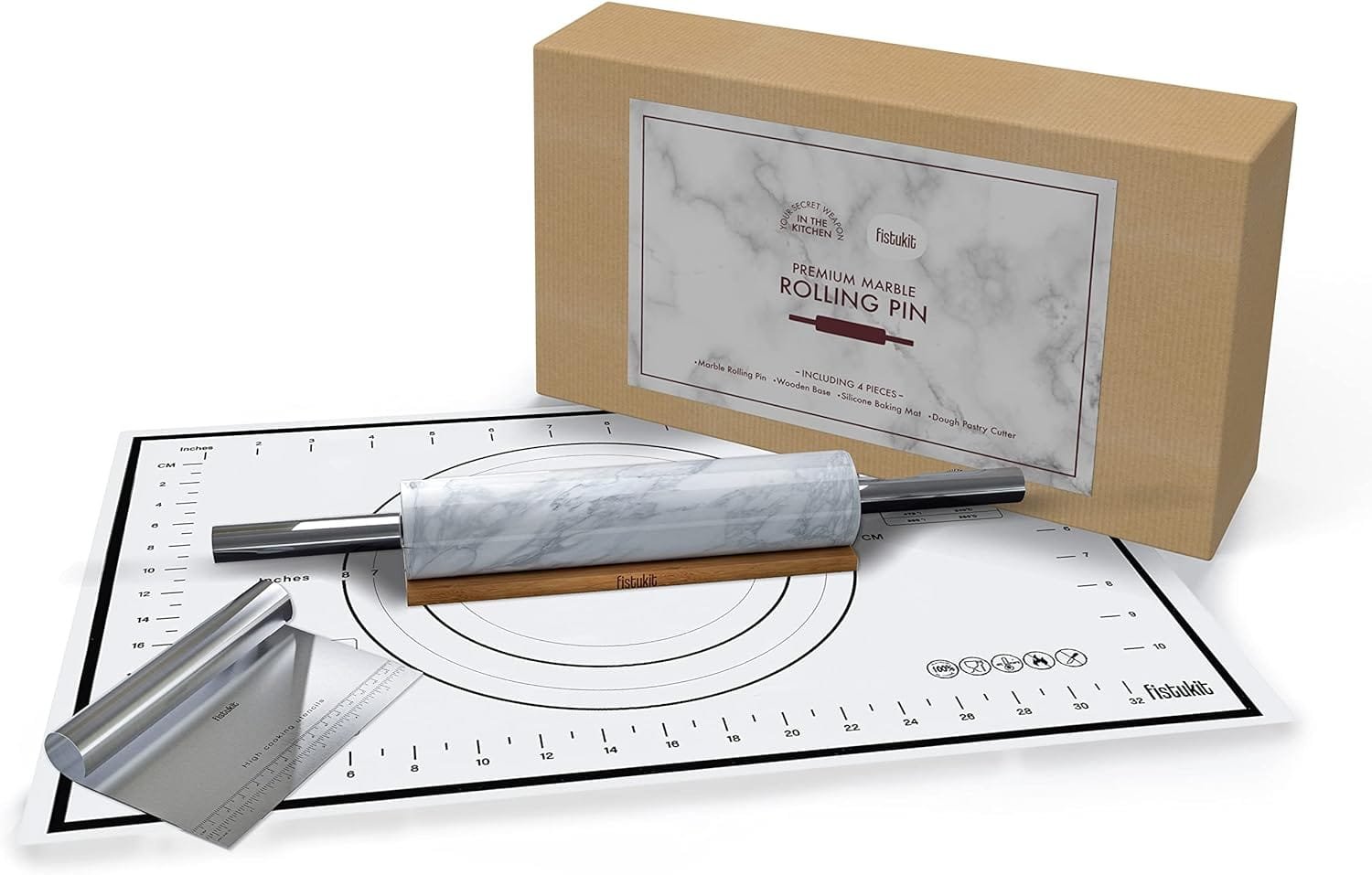 White Marble Rolling Pin with Stainless Steel Handles Baking Set - Silicone Baking Mat, Bench Scraper, Wooden Base- 10 Inch Roller White Marble Rolling Pin with Stainless Steel Handles Baking Set - Silicone Baking Mat, Bench Scraper, Wooden Base- 10 Inch Roller