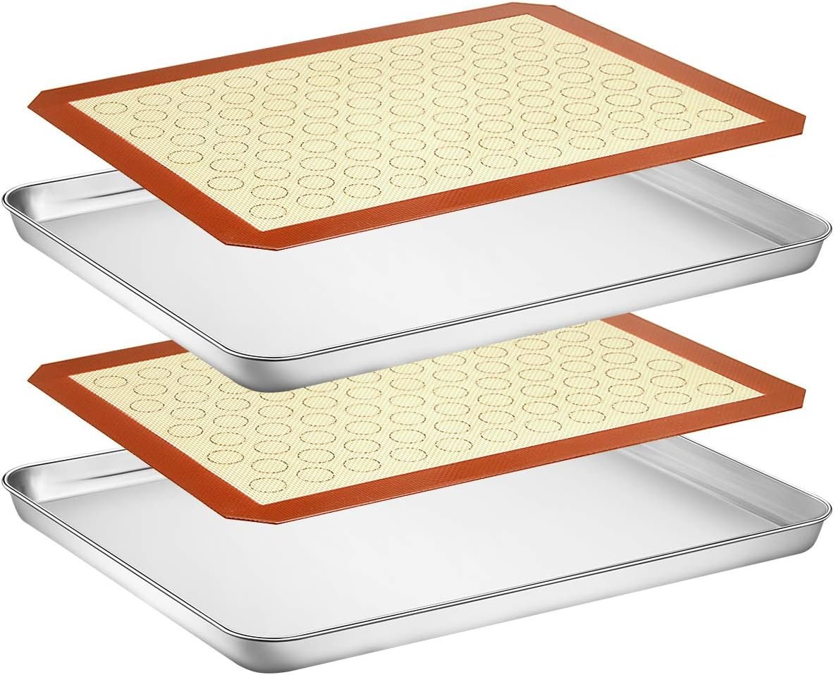 Wildone Baking Sheet with Silicone Mat Set, Stainless Steel Cookie Pan with Baking Mat, Size 16 x 12 x 1 Inch, Set of 4-2 Sheets + 2 Mats