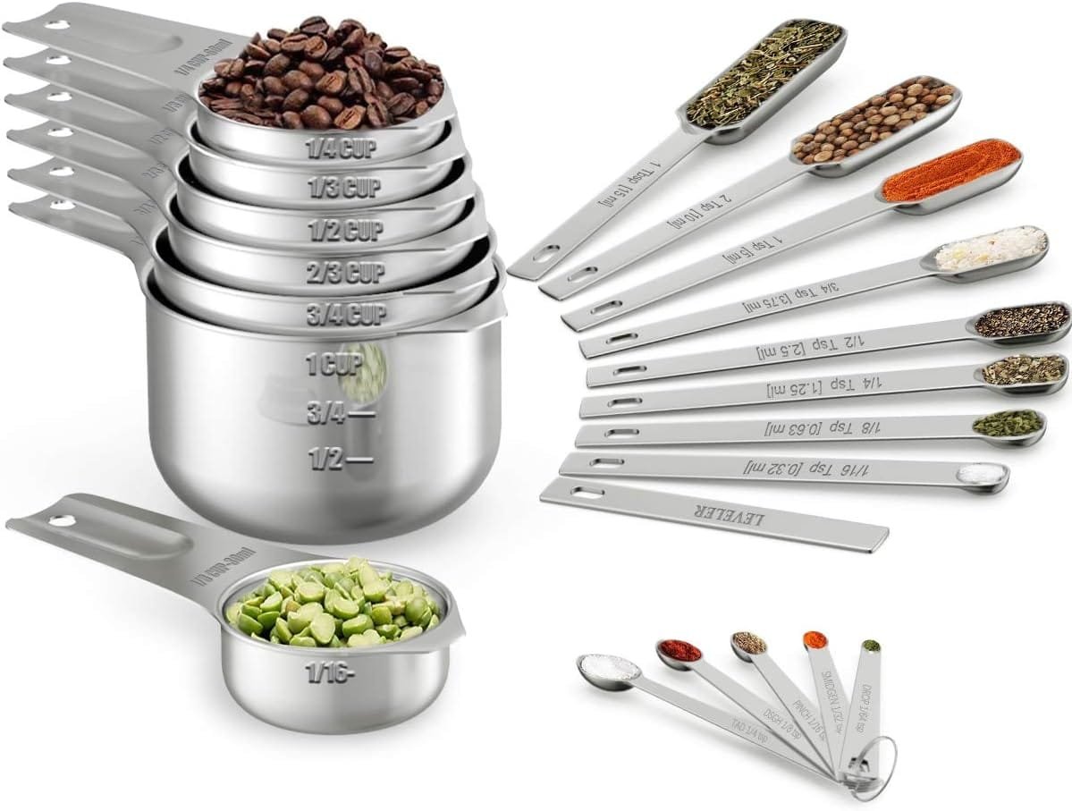 Wildone Measuring Cups  Spoons Set of 21 - Includes 7 Stainless Steel Nesting Cups, 8 Measuring Spoons, 1 Leveler  5 Mini Measuring Spoons, Ideal for Dry and Liquid Ingredients